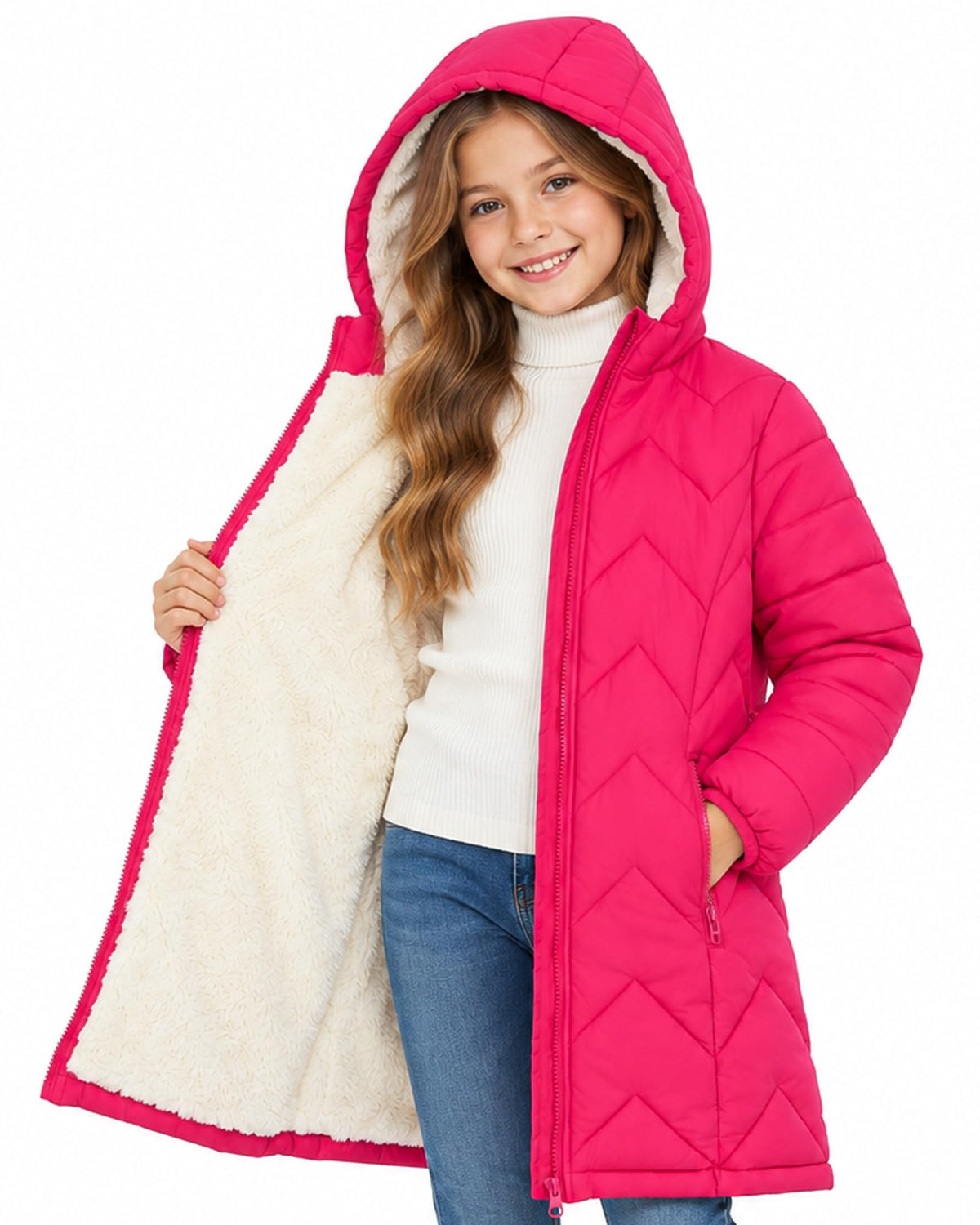 Funnycokid Girls' Winter Coat Sharpa Lined Hooded Long Down Puffer Jacket