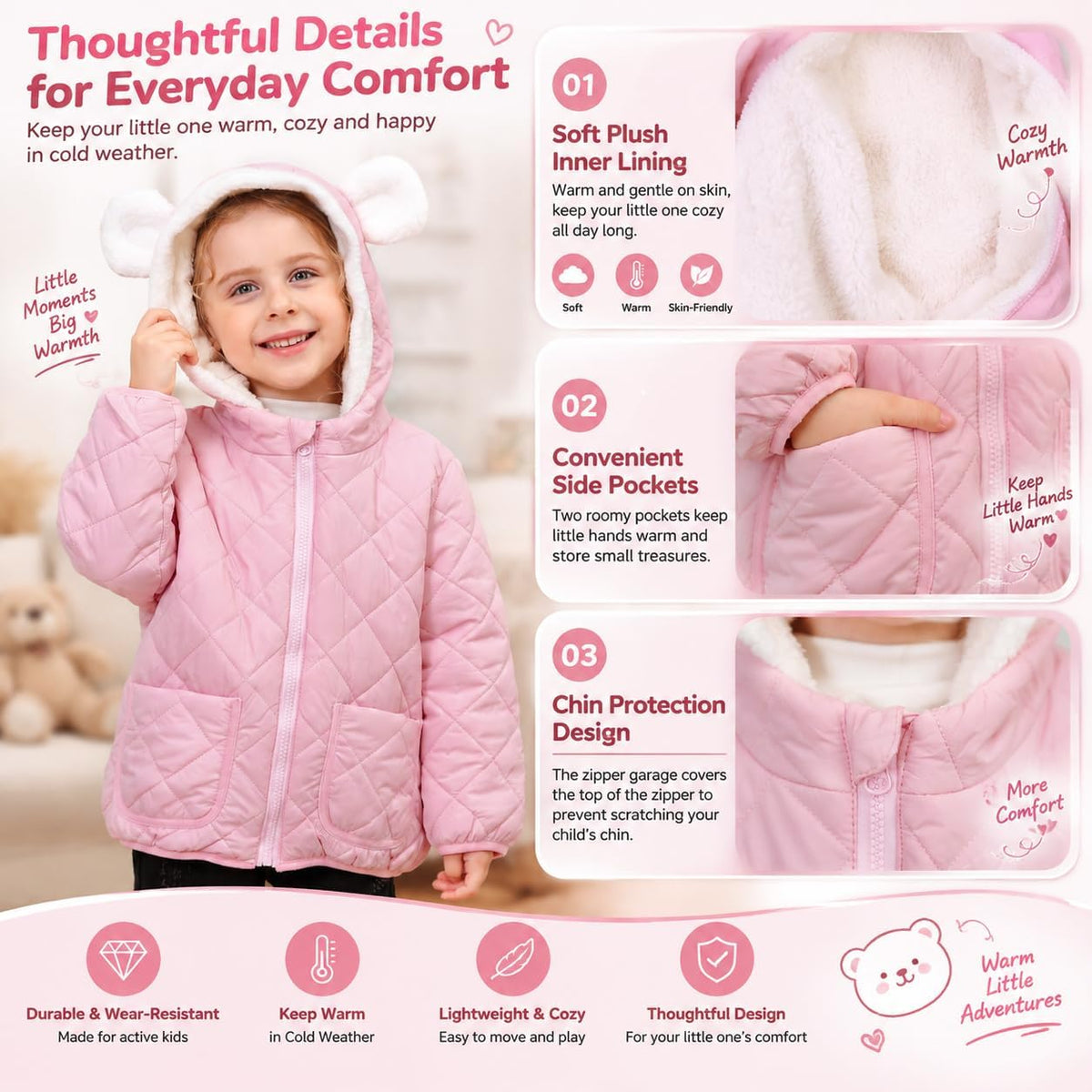 Fanient Toddler Girls Winter Coat Lightweight Hooded Jacket Size 1-5T