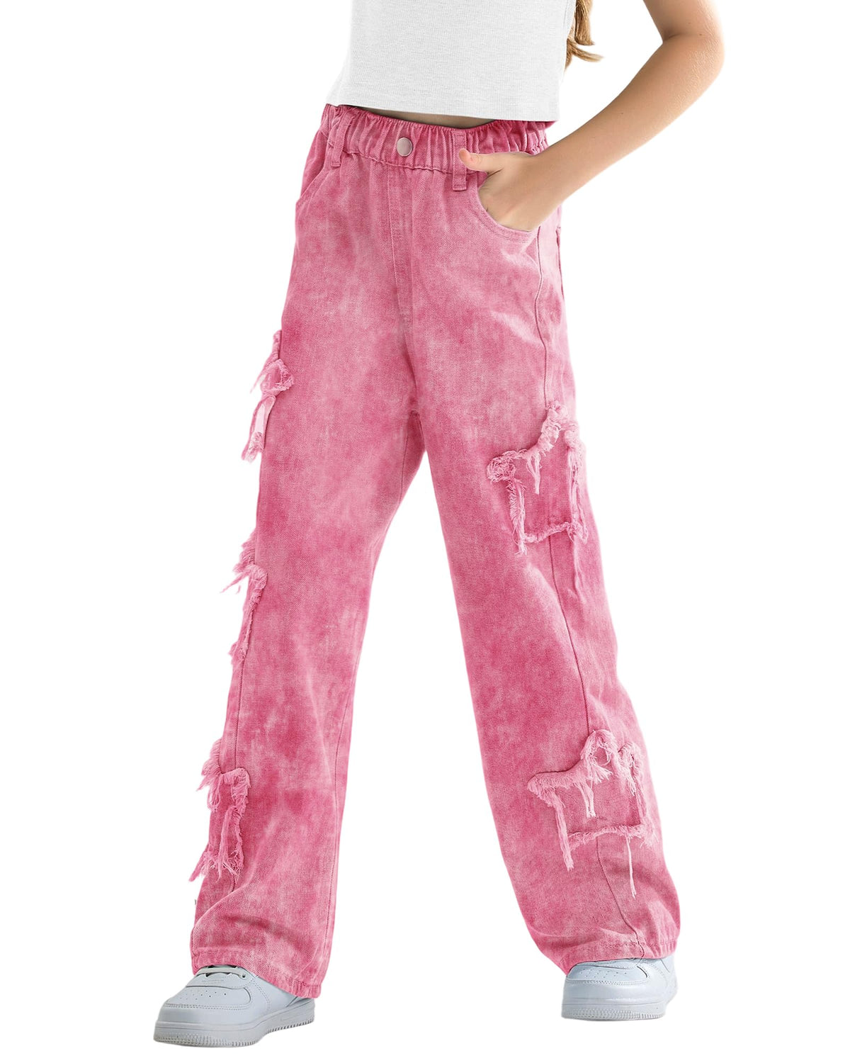 Rolanko Girls Jeans Denim Elastic Wasit Wide Leg Baggy Pants Kids Clothes 4-14 Years