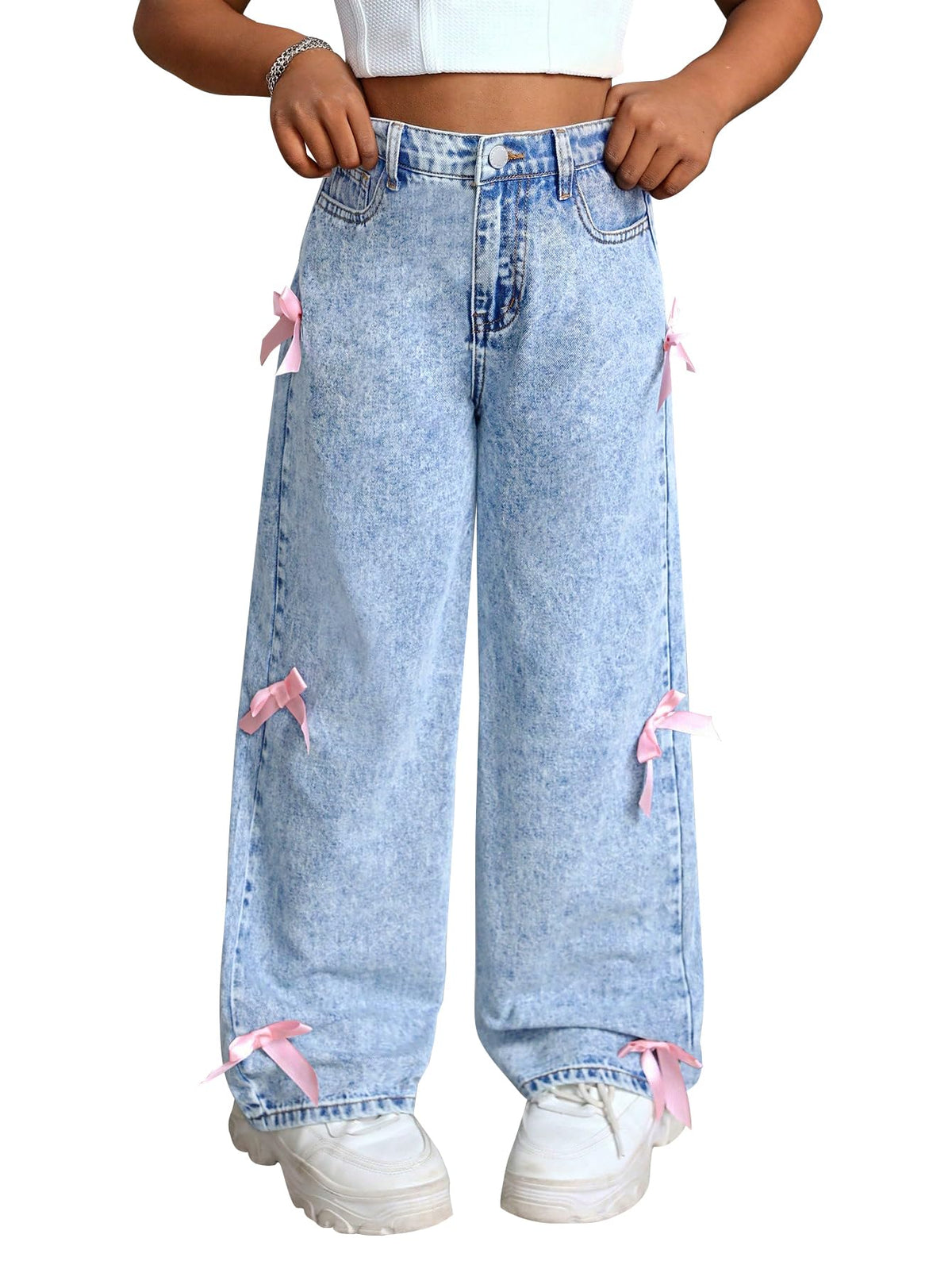 Baggy Jeans for Girls with Bow Wide Leg High Waist Denim Pants