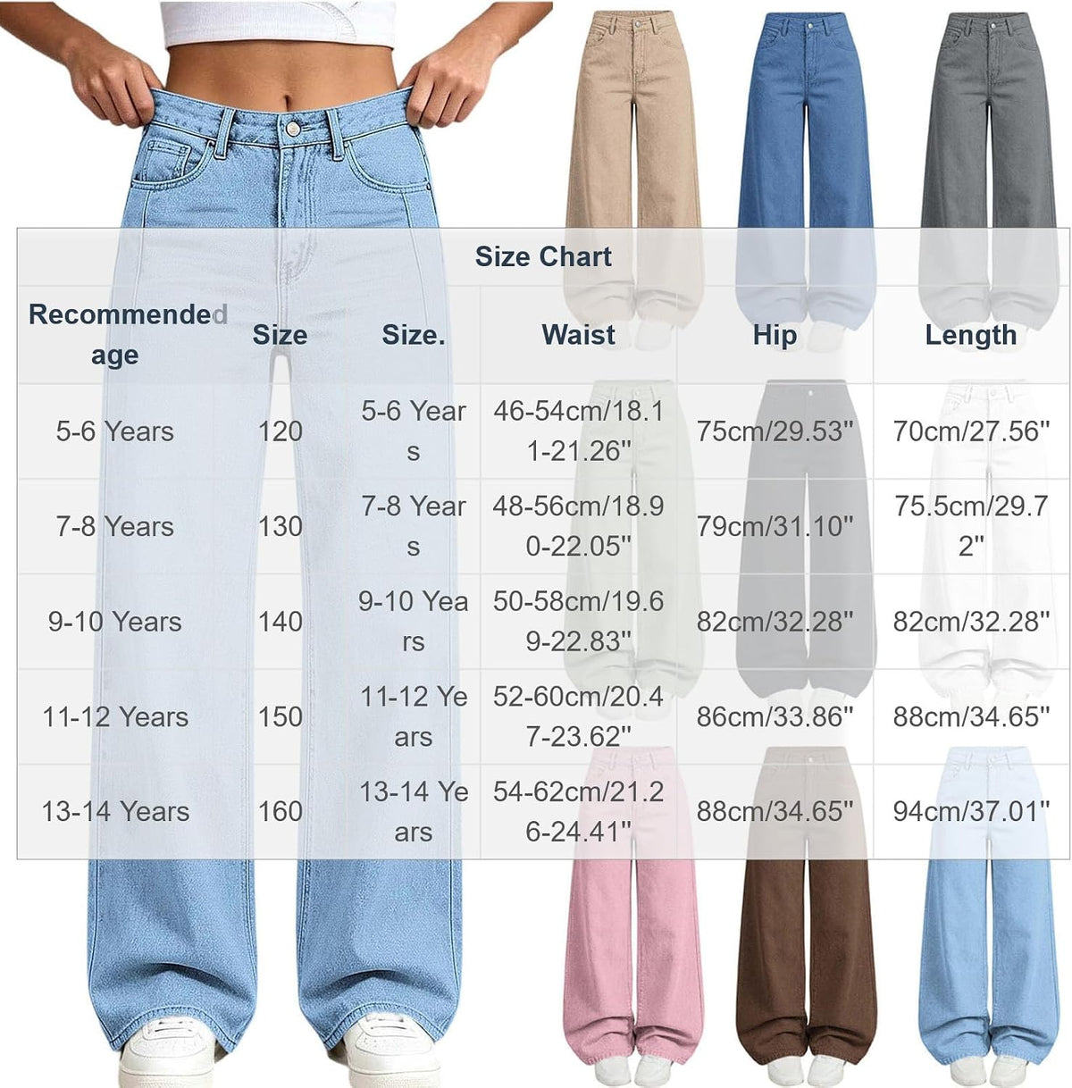 Girl's Baggy Jeans Wide Leg High Waisted Denim Pants 5-14 Years
