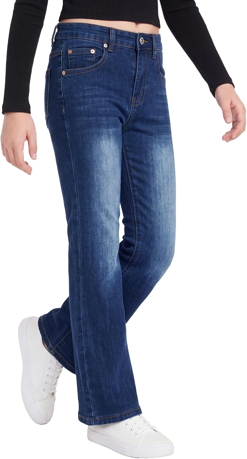 PATPAT Girls Bootcut Jeans 4-14Y, Elastic Waist Jeans with Pockets Straight Leg Pants