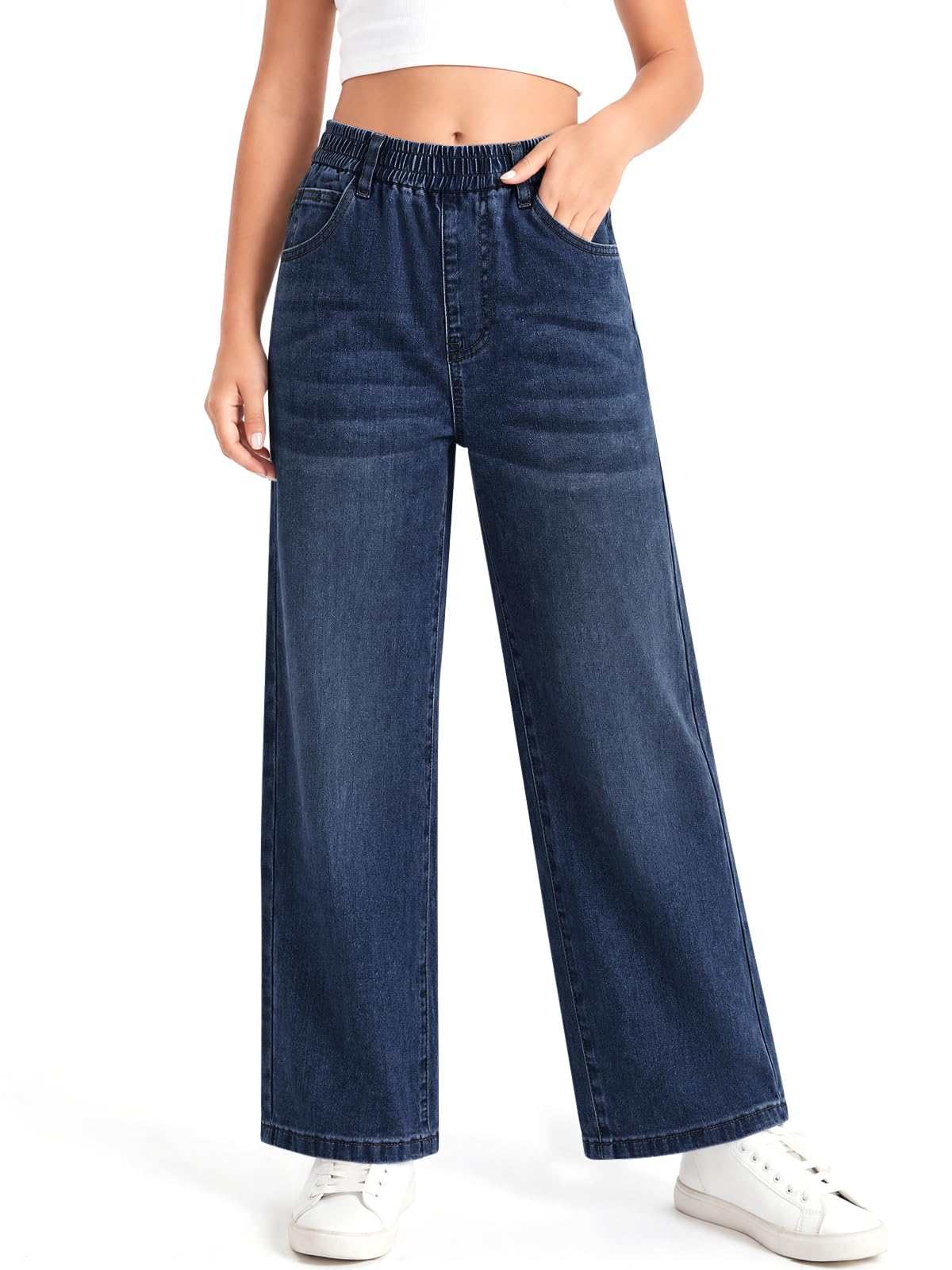 Haloumoning Girls Baggy Wide Leg Jeans High Elastic Waist Denim Pants