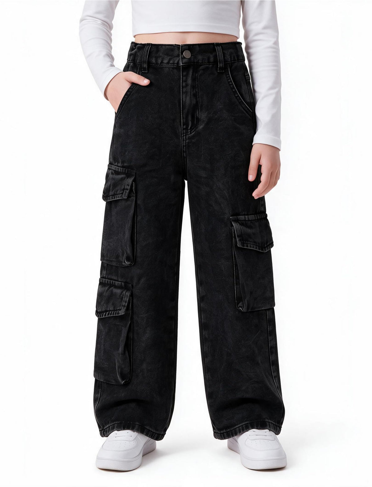 PATPAT Girls Baggy Cargo Jeans 5-14Y Elastic Waist Wide Leg Denim Pants