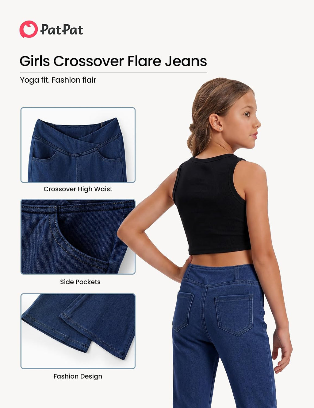 Girls Flare Jeans 4 Way Stretch Yoga Denim Bell Bottoms High Rise Crossover