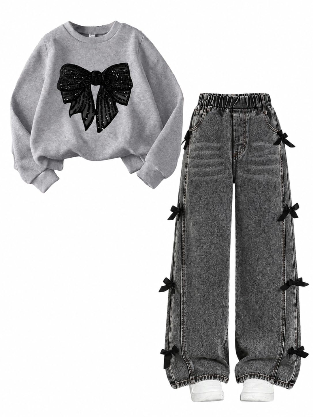 Cakaner Girls Clothes 2 Piece Fall Outfit Set Bow Long Sleeve Top and Denim Jeans Size 6-12