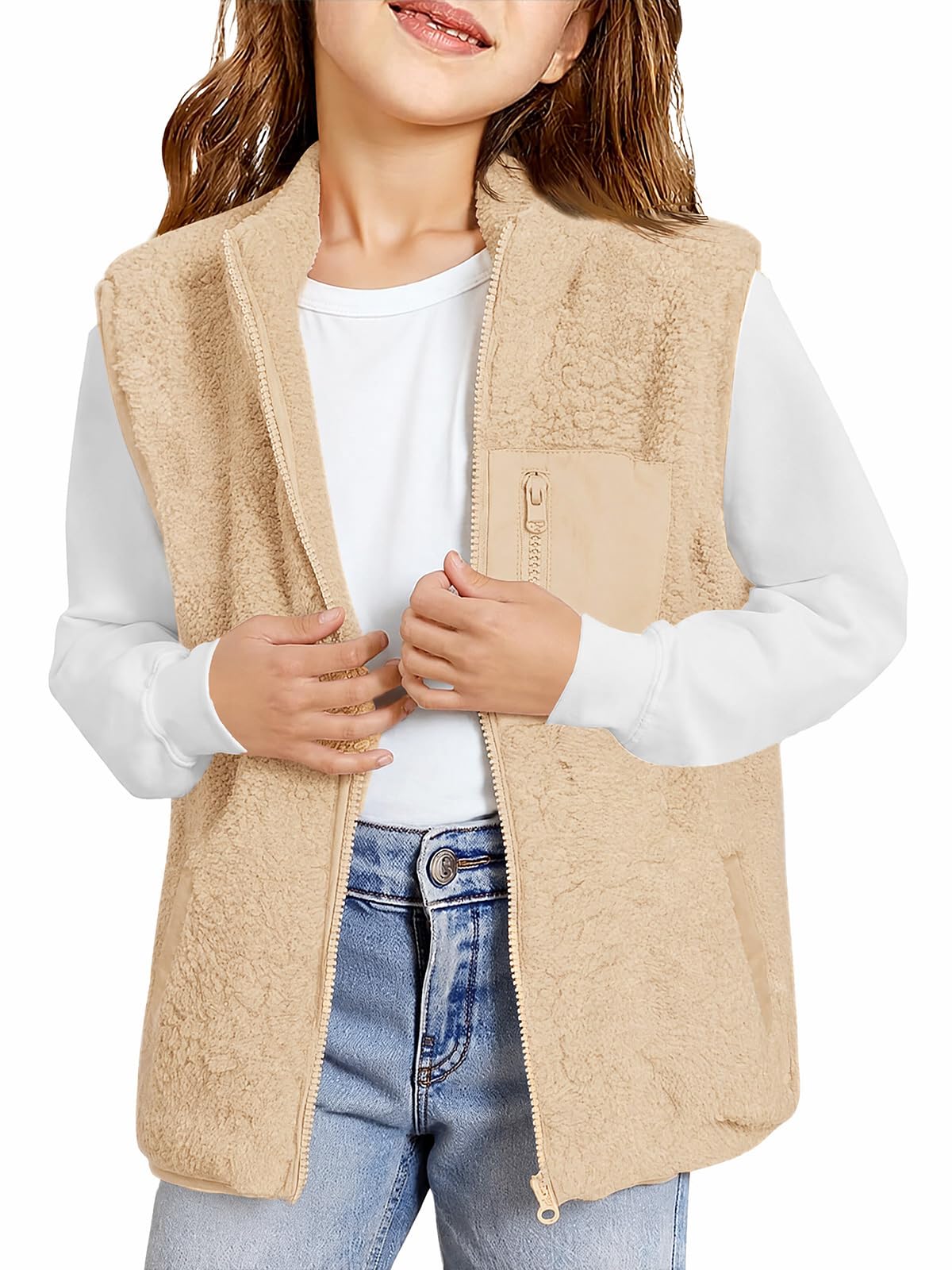 Haloumoning Girls Fleece Vest Sherpa Full Zip Fuzzy Jackets