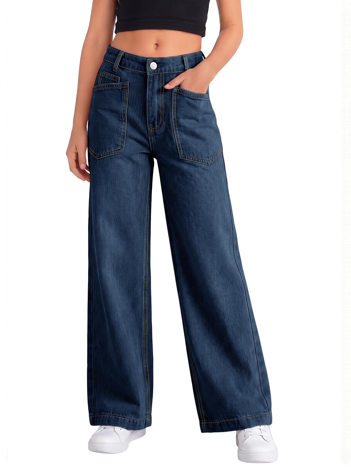 Haloumoning Girls Wide Leg Jeans Kids High Waisted Baggy Denim Pants