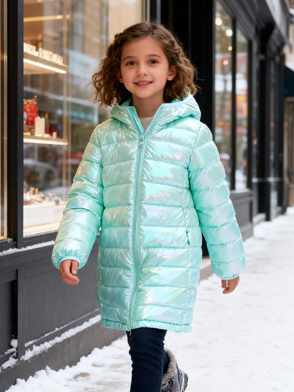 Girls Winter Coat, Long Metallic Puffer Jacket