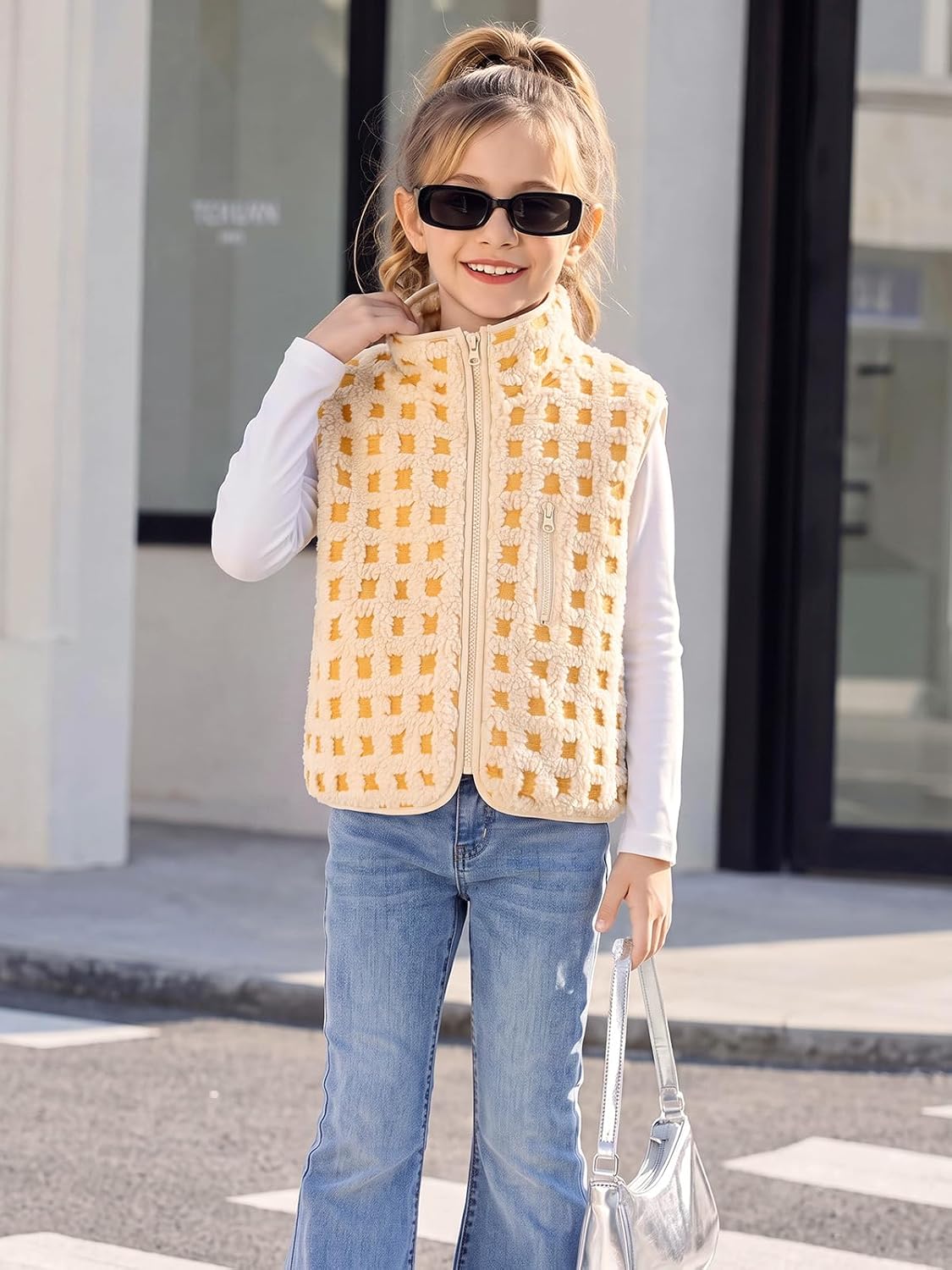 Haloumoning Girls Checkered Sherpa Vest Zip Up Sleeveless Jacket Outerwear