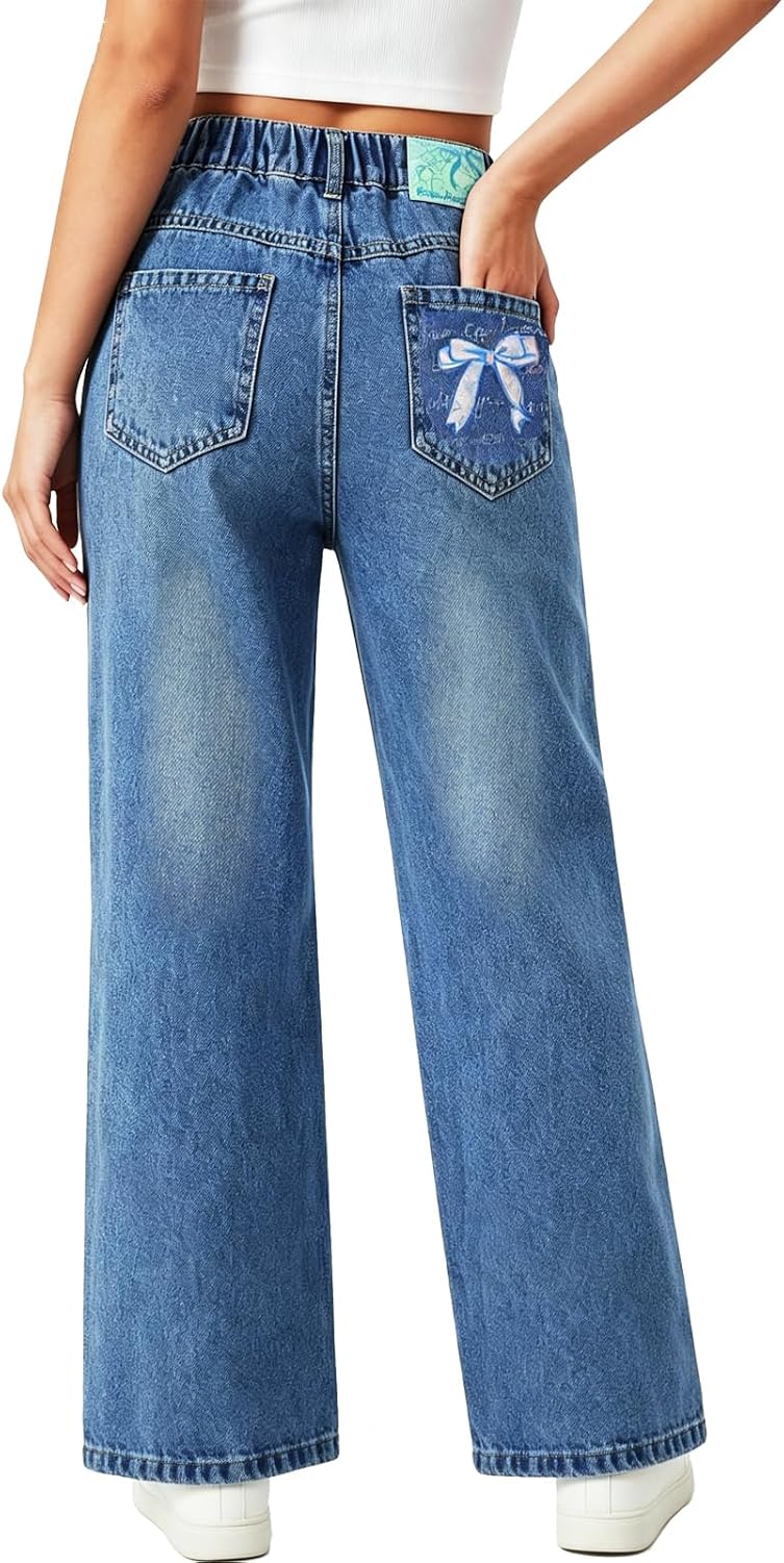 Girls Blue Elastic Waist Jeans Cute Bow Wide Leg Denim Pants