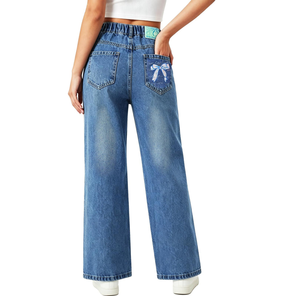 Girls Blue Elastic Waist Jeans Cute Bow Wide Leg Denim Pants