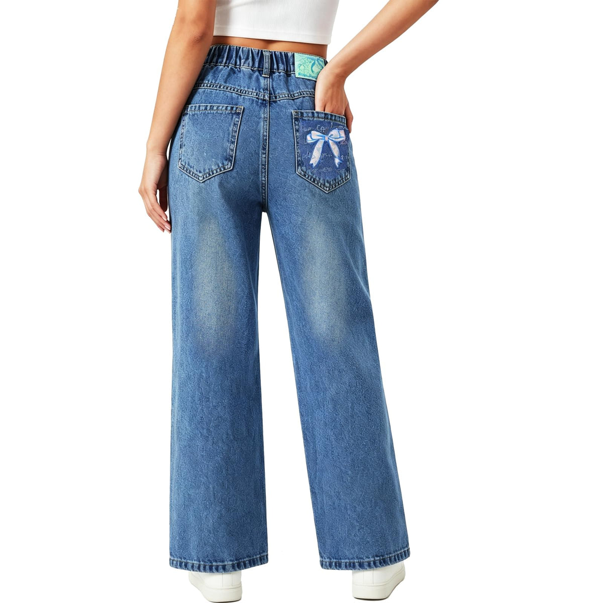 Girls Blue Elastic Waist Jeans Cute Bow Wide Leg Denim Pants