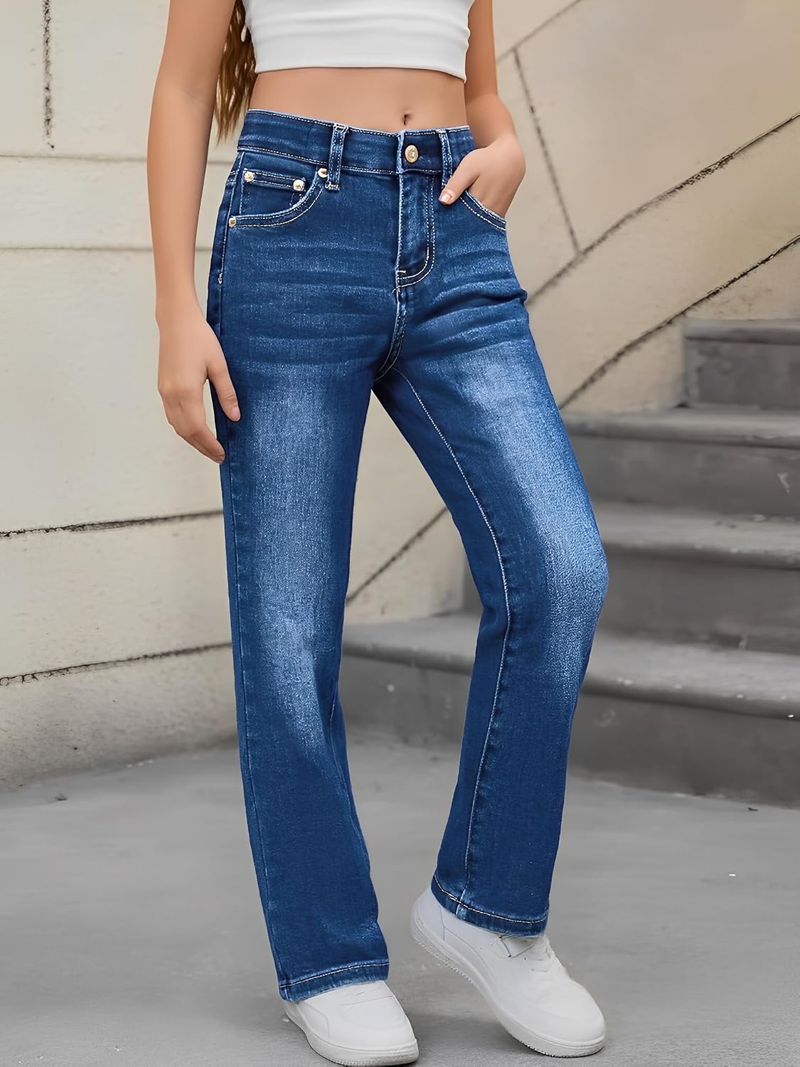 PATPAT Girls Bootcut Jeans 4-14Y, Elastic Waist Jeans with Pockets Straight Leg Pants