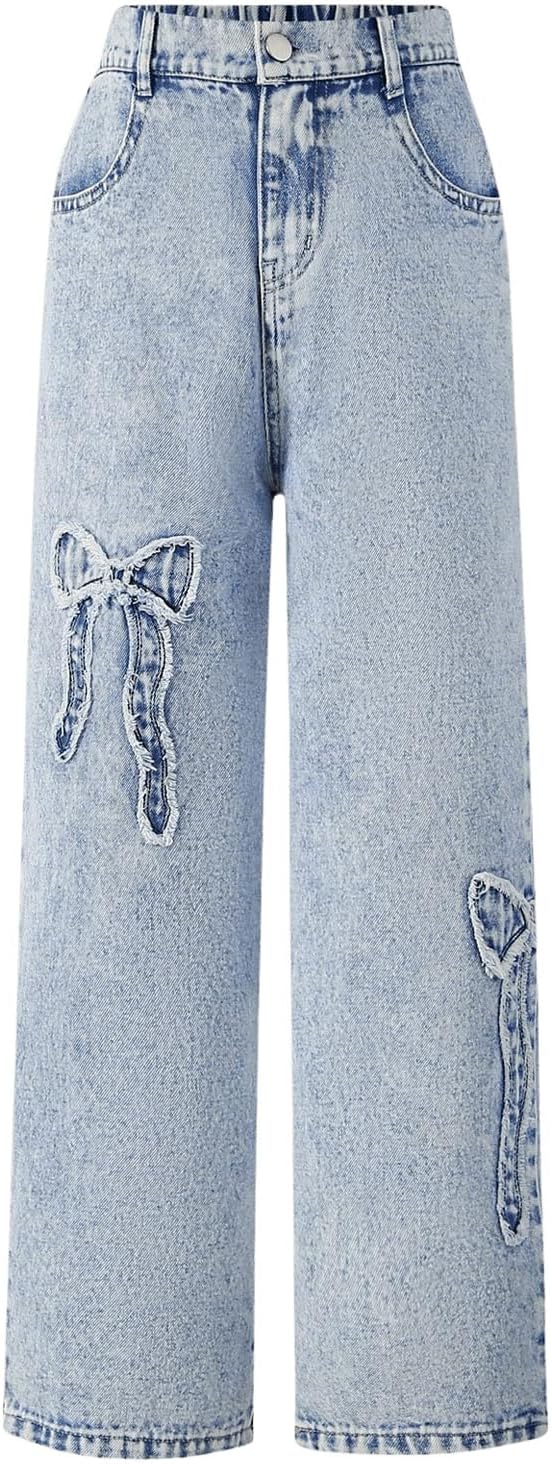 WDIRARA Girl's Bowknot Jean Elastic Waist Denim Pants Straight Leg Trousers