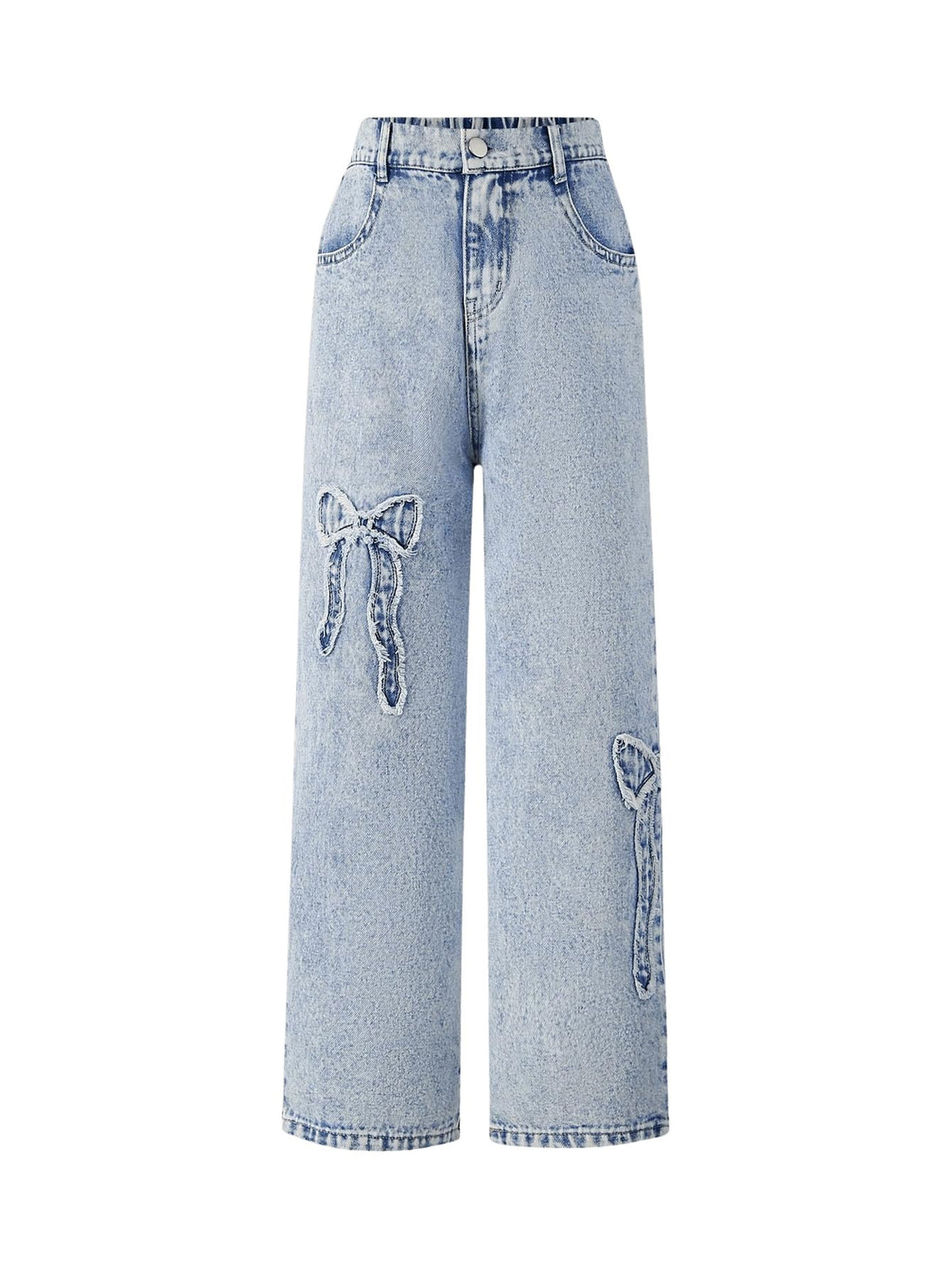 WDIRARA Girl's Bowknot Jean Elastic Waist Denim Pants Straight Leg Trousers