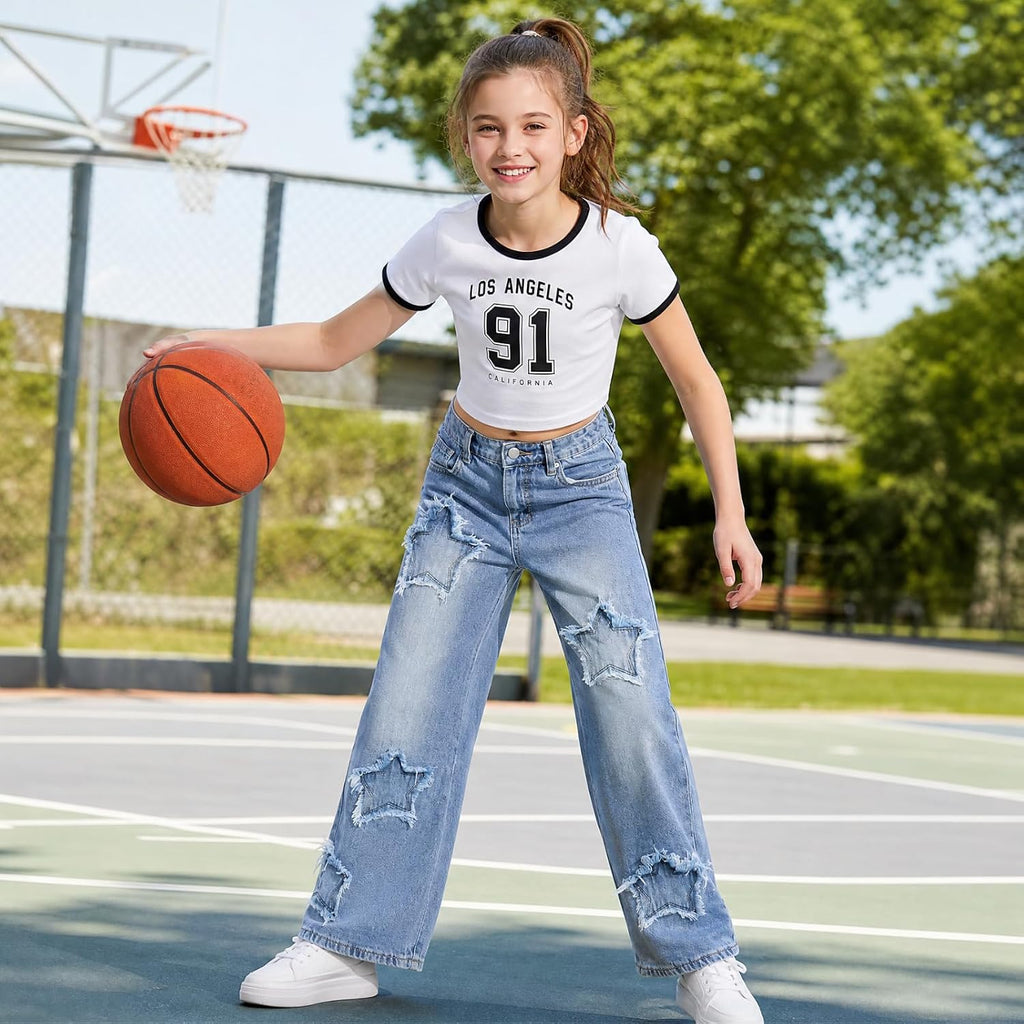 Girls Baggy Ripped Jeans Wide Straight Leg High Waisted Denim Pants 7-14Y