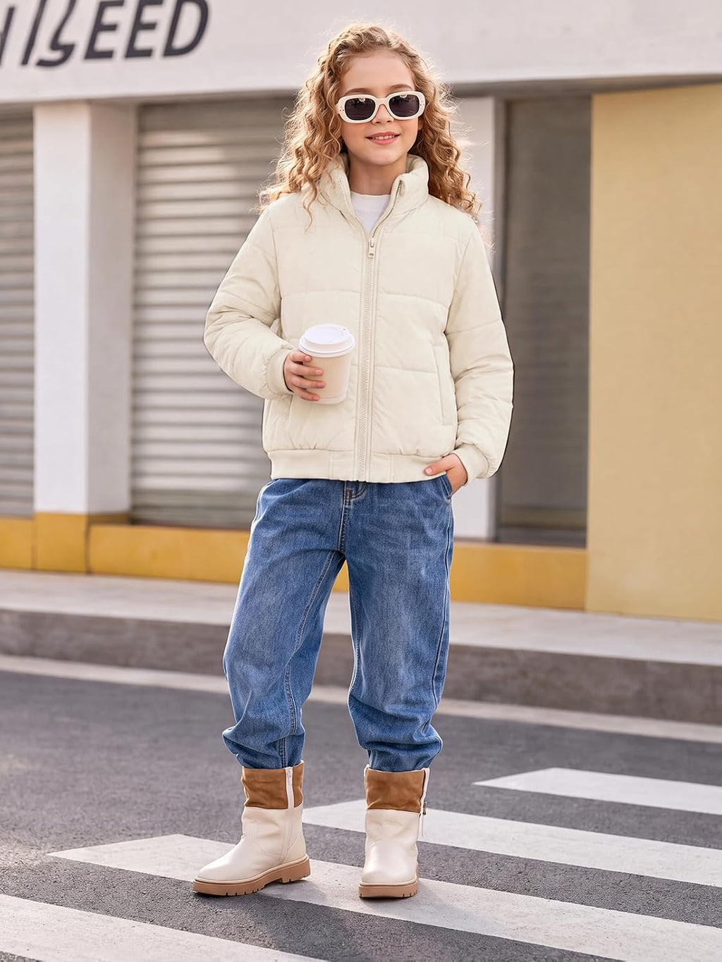 Haloumoning Girls Short Puffer Jacket Warm Stand Collar Winter Coat