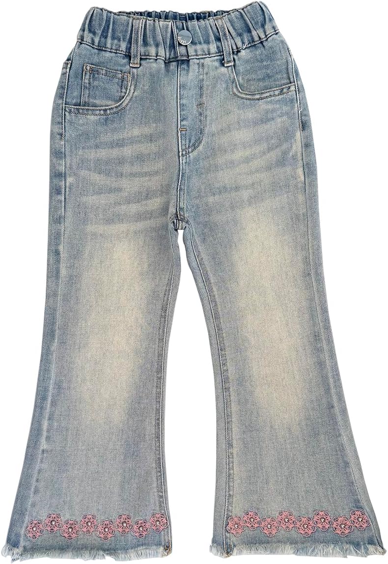 Peacolate 2-10Years Little Big Girls Spring Autumn Embroidered Jeans Trousers Pants for Kid