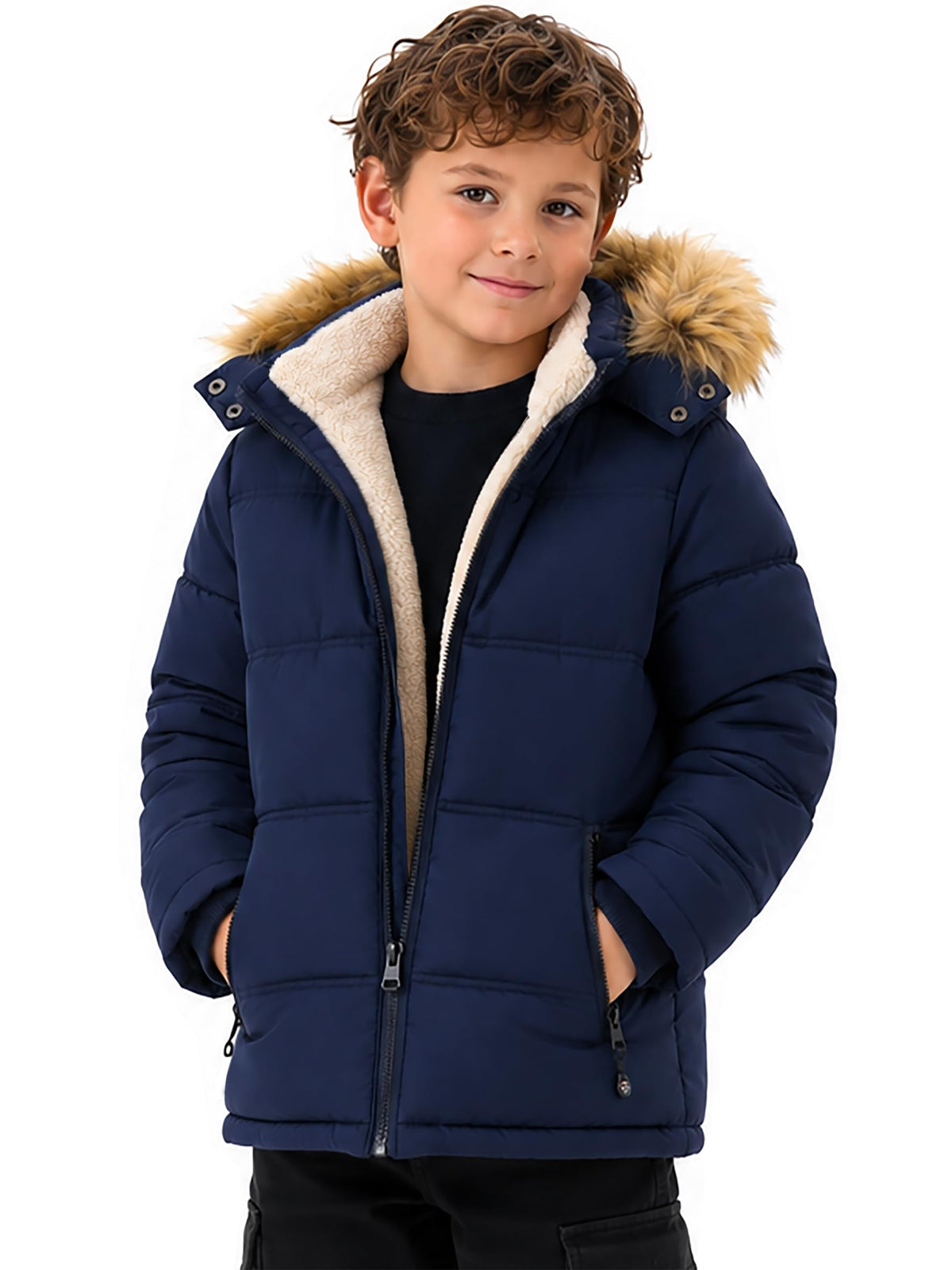 Boy's Girl's Winter Coat Puffer Sherpa Warm Jacket with Detachable Fur Hood