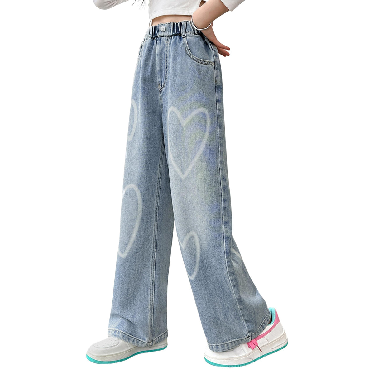 Rolanko Girls Jeans Denim Elastic Wasit Wide Leg Baggy Pants Kids Clothes 4-14 Years