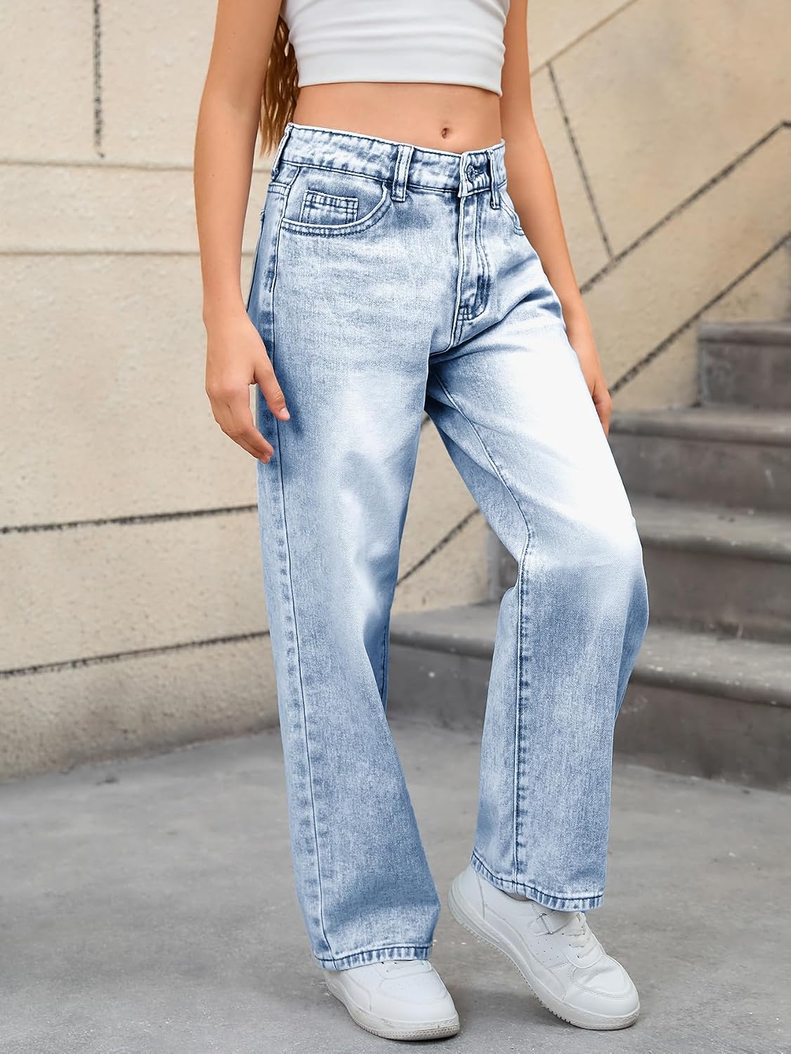 MakeMeChic Girl's Baggy Jeans Wide Straight Leg Denim Pants Kids 4-16Y