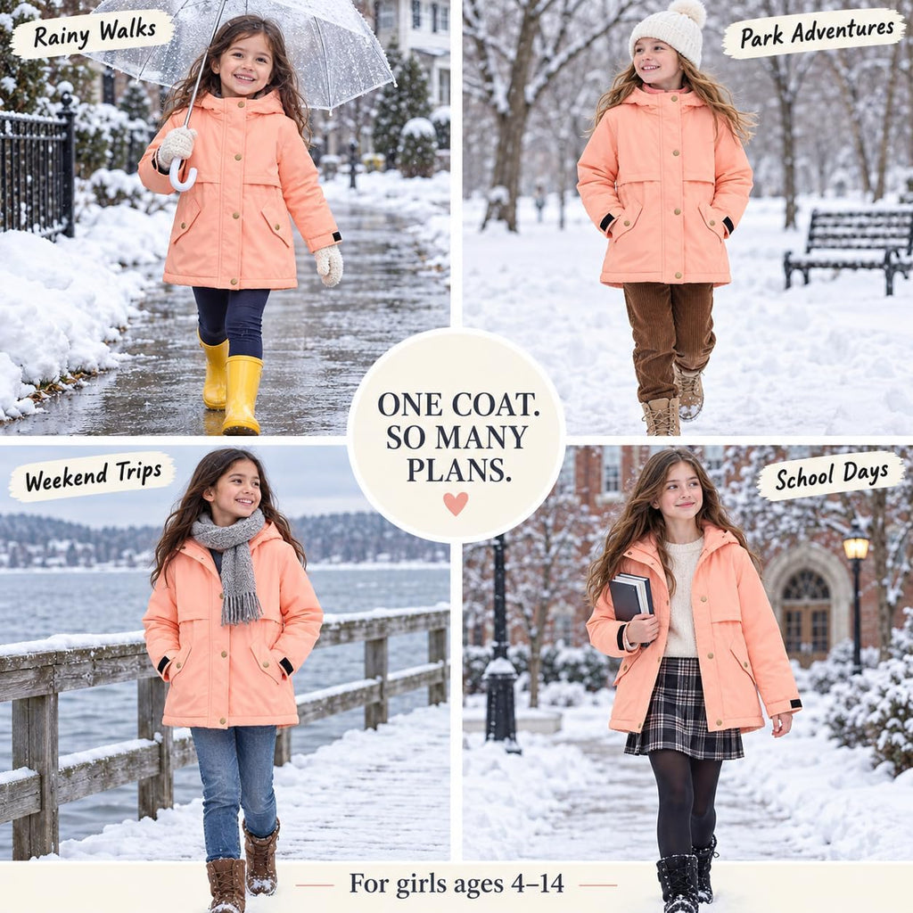JiAmy Girls Fleece Lined Hooded Jacket Adjustable Waist School Coat 4-14Y
