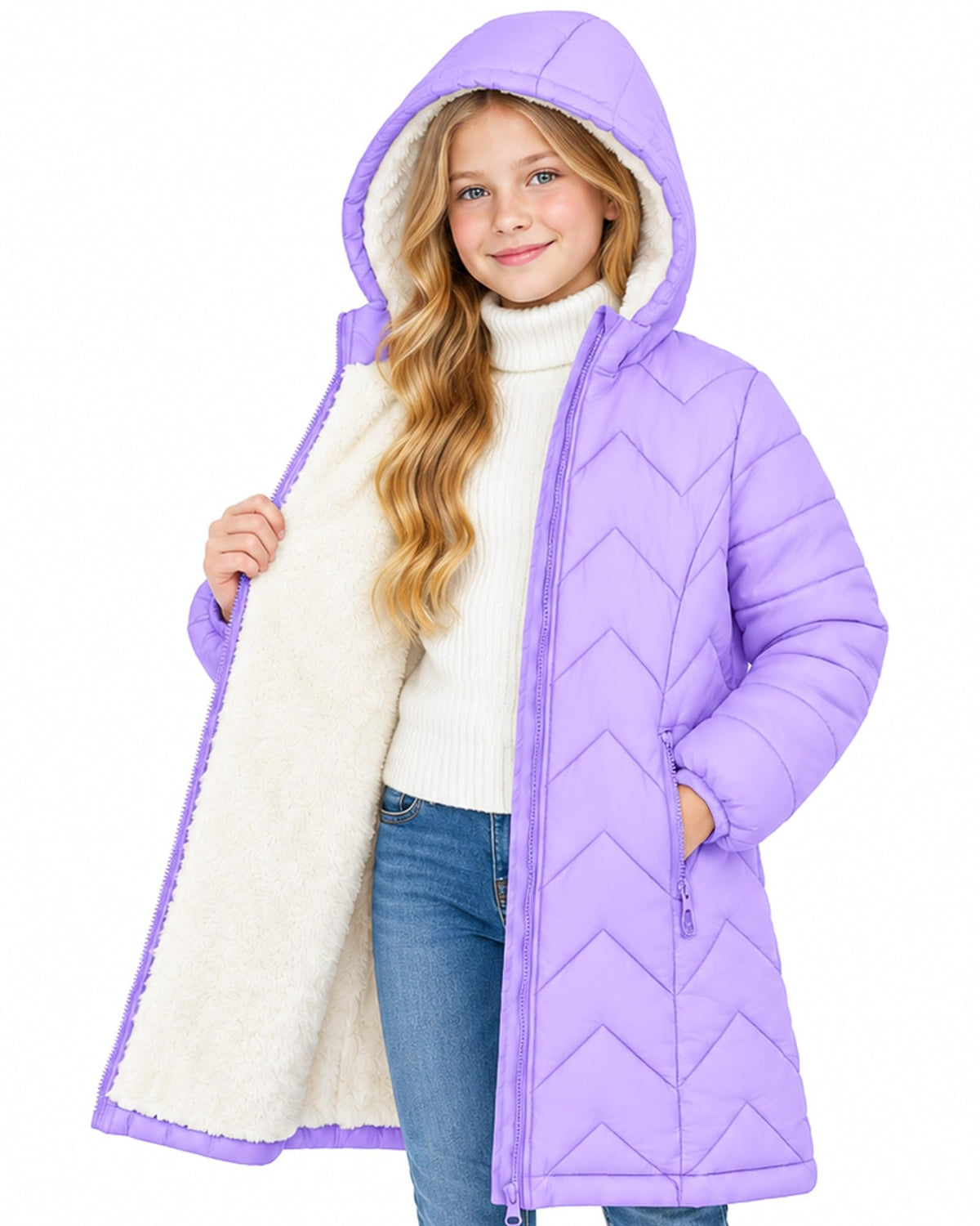 Funnycokid Girls' Winter Coat Sharpa Lined Hooded Long Down Puffer Jacket