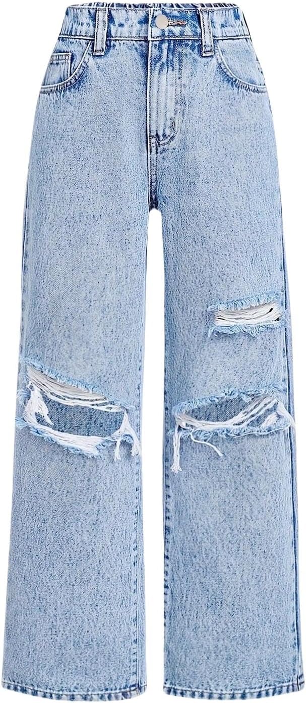 oyyniis Baggy Jeans for Girls Wide Leg Ripped High Elastic Waisted Denim Pants Cute Summer Trousers Y2K Streetwear 7-14Y