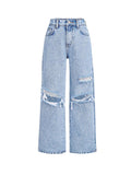 oyyniis Baggy Jeans for Girls Wide Leg Ripped High Elastic Waisted Denim Pants Cute Summer Trousers Y2K Streetwear 7-14Y