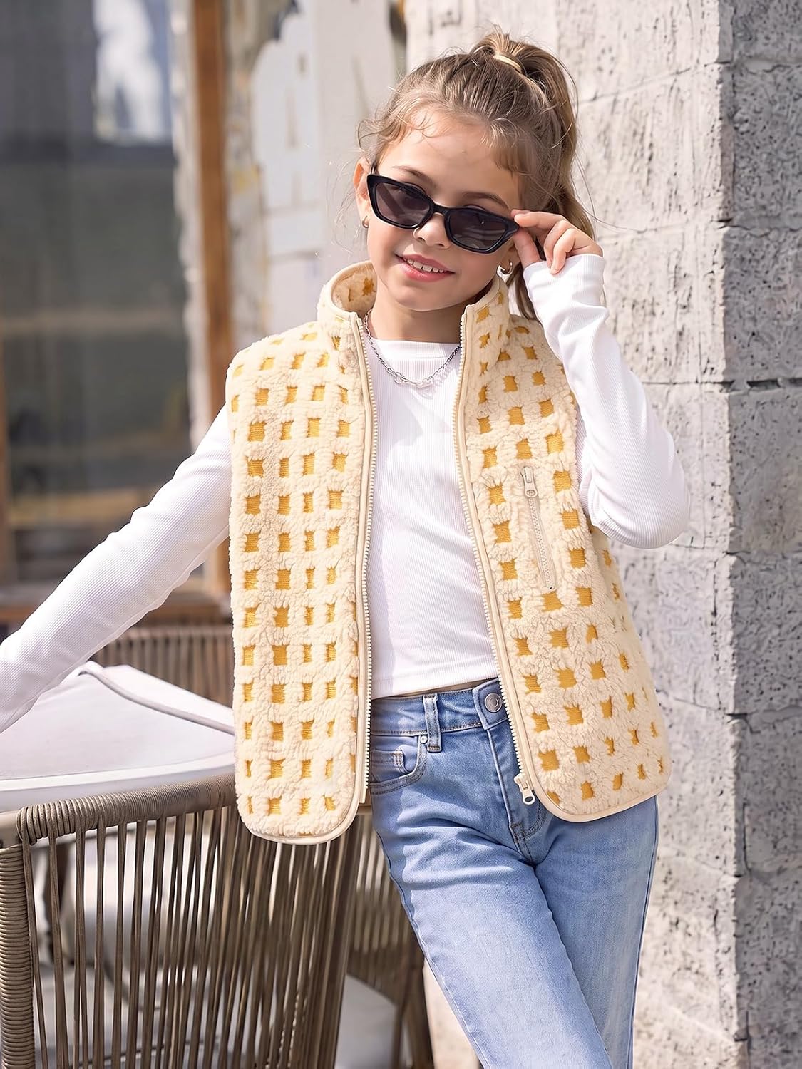 Haloumoning Girls Checkered Sherpa Vest Zip Up Sleeveless Jacket Outerwear