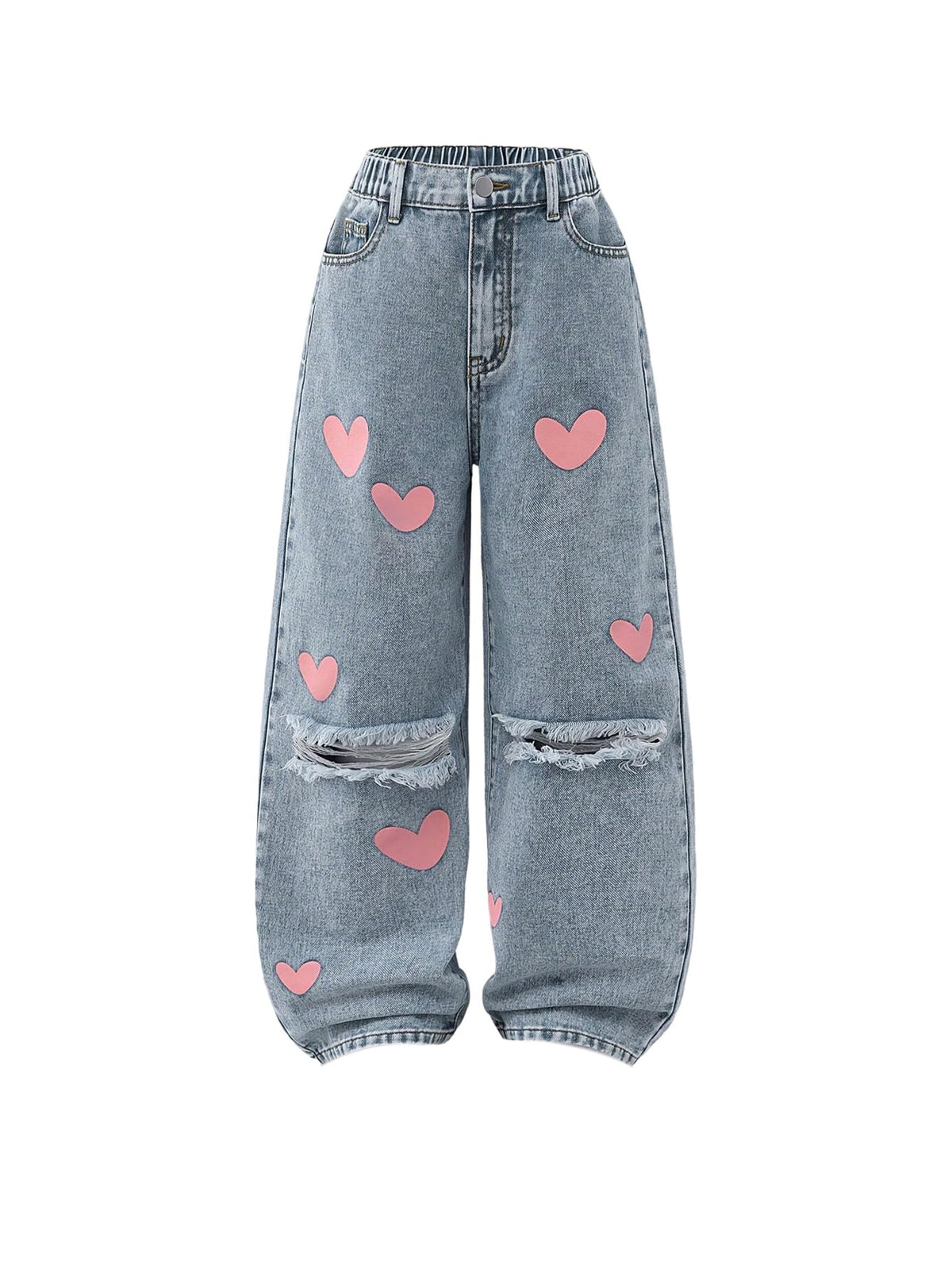 WDIRARA Girl's Heart Embroidered Jeans Elastic Wide Leg Denim Pants