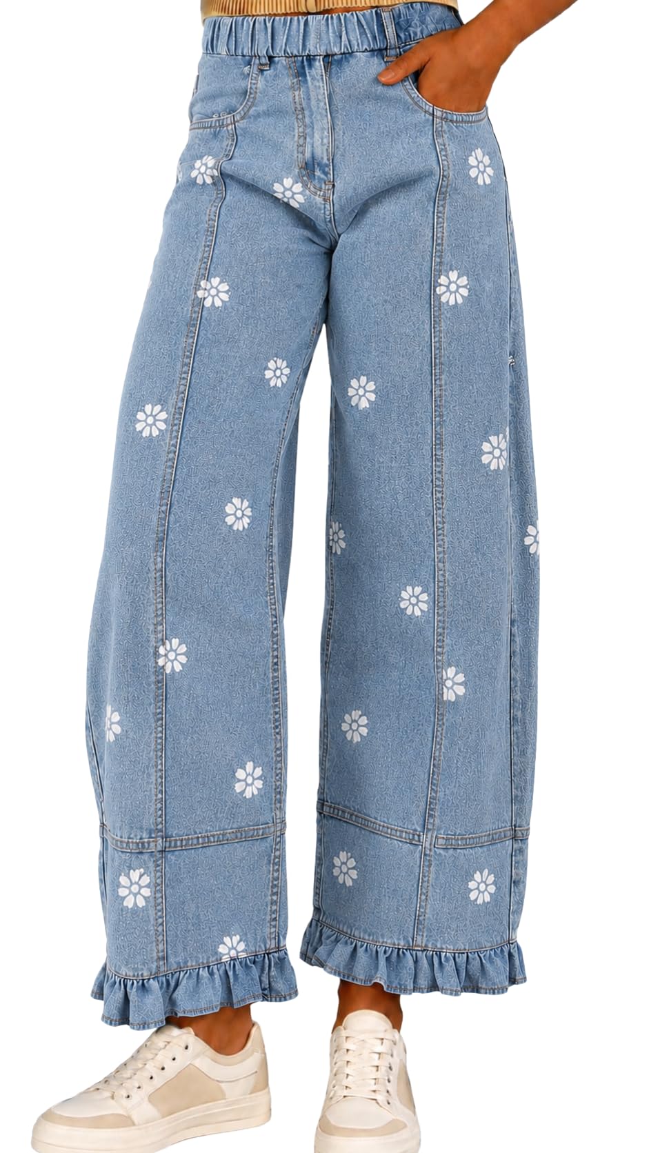 Girls Wide Leg Jeans Elastic Waist Baggy Denim Cargo Pants Size 7-14