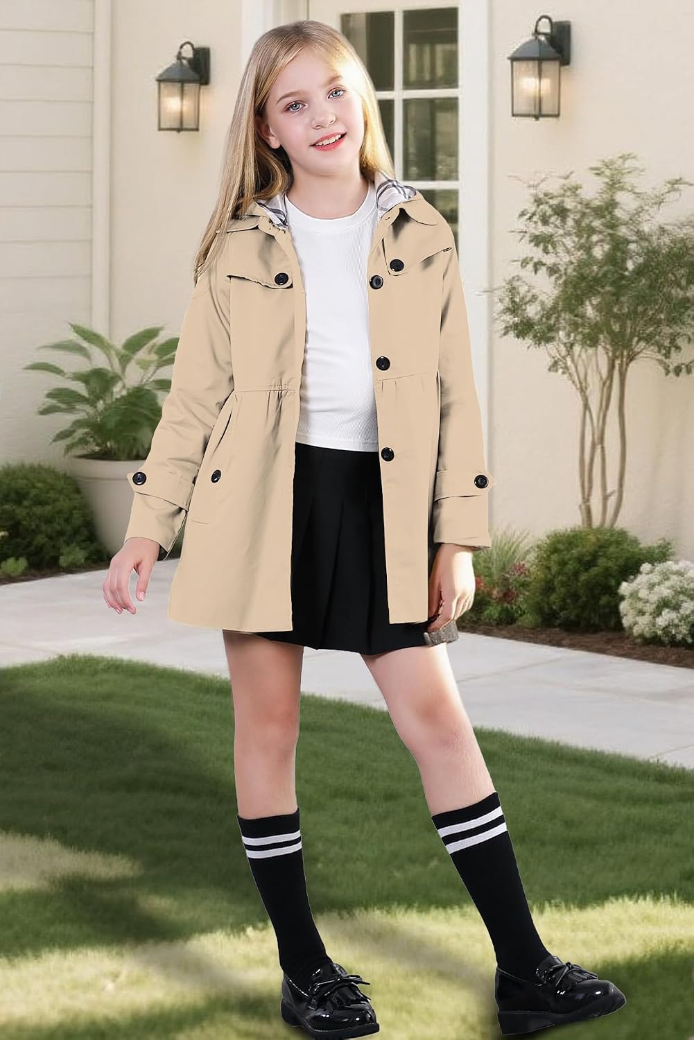 Betusline Girl's Single Breasted Trench Coat Hooded Dress Coat Outerwear