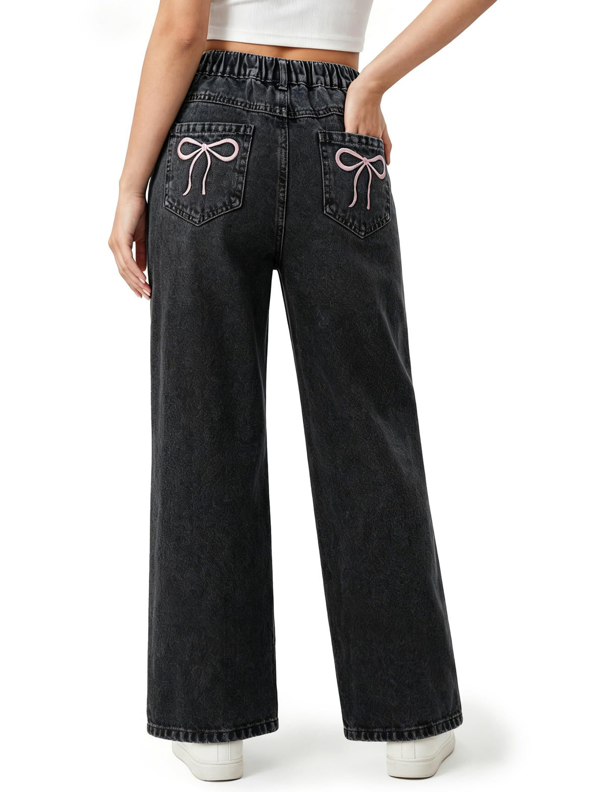 PATPAT Girls Baggy Wide Leg Jeans 5-14Y, Cute Bow Elastic Waist Denim Pants