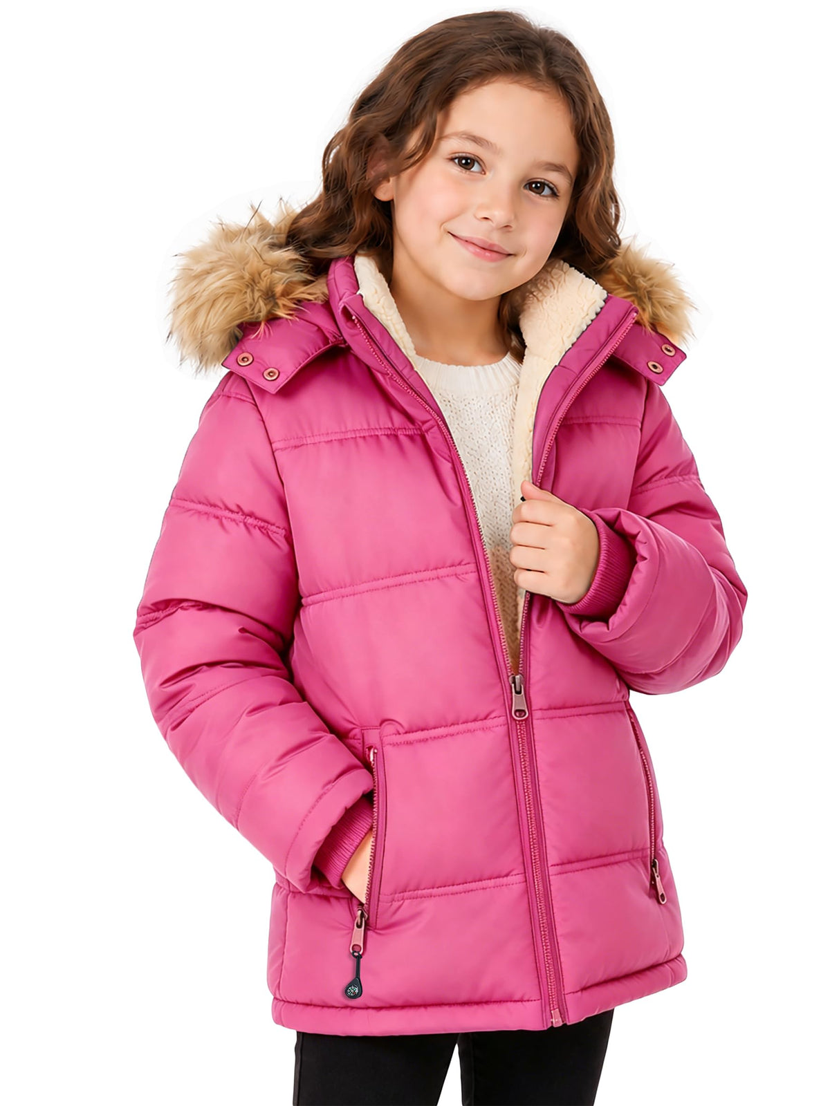 Boy's Girl's Winter Coat Puffer Sherpa Warm Jacket with Detachable Fur Hood