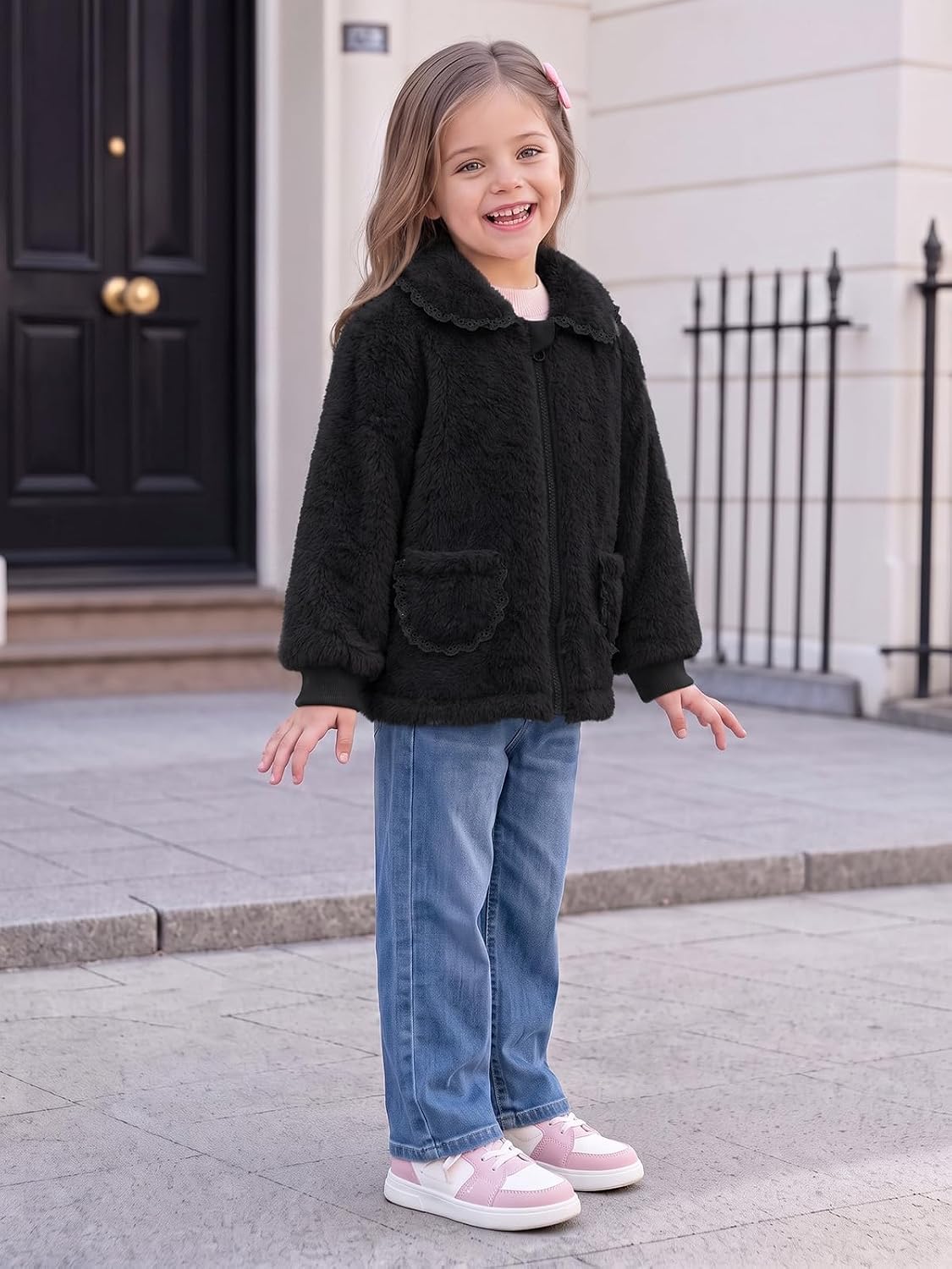 Haloumoning Toddler Baby Girl Fleece Jacket Peter Pan Collar Zip Up Coat
