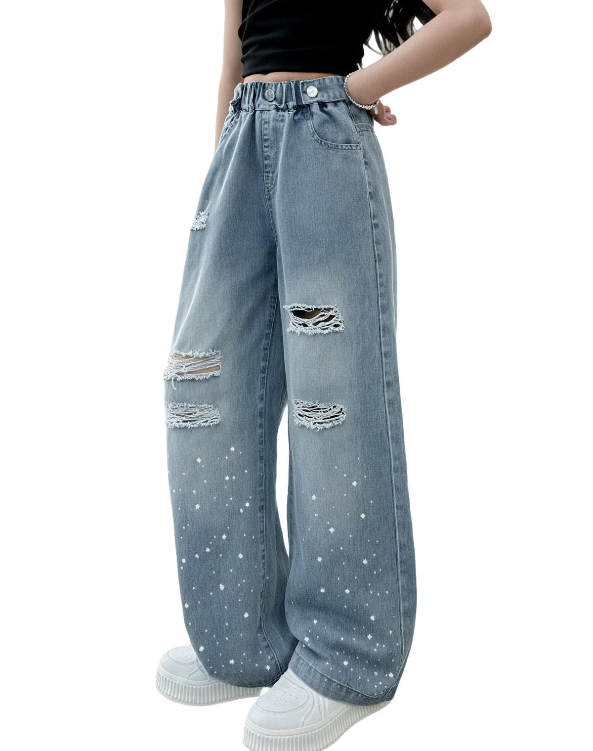 Rolanko Girls Jeans Denim Elastic Wasit Wide Leg Baggy Pants Kids Clothes 4-14 Years