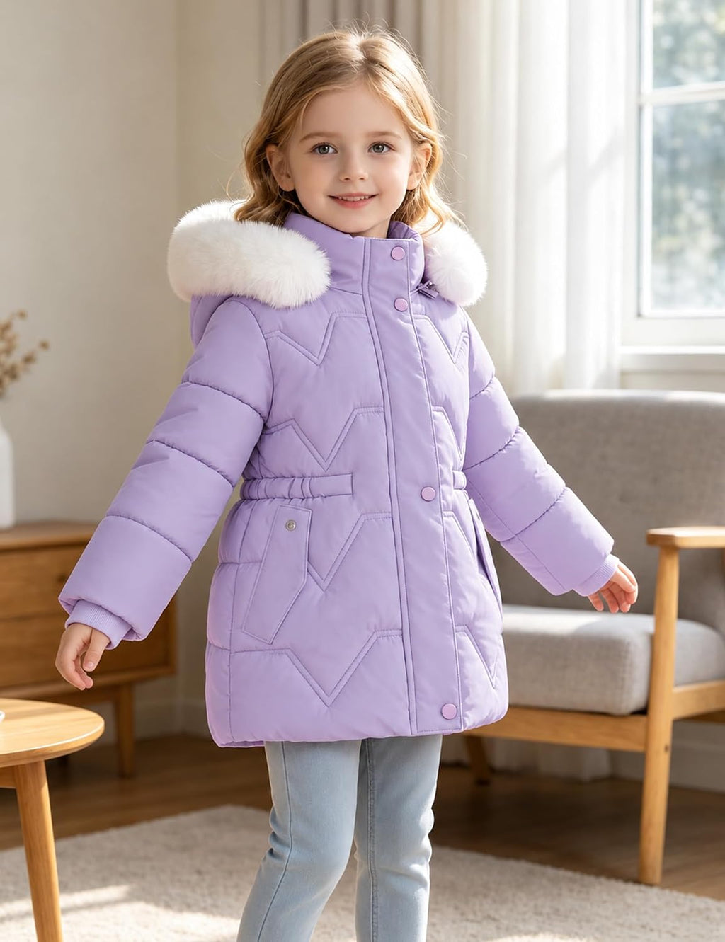 Girls Winter Coat, Faux Fur Hooded Puffer Parka, Waterproof Warm Outerwear