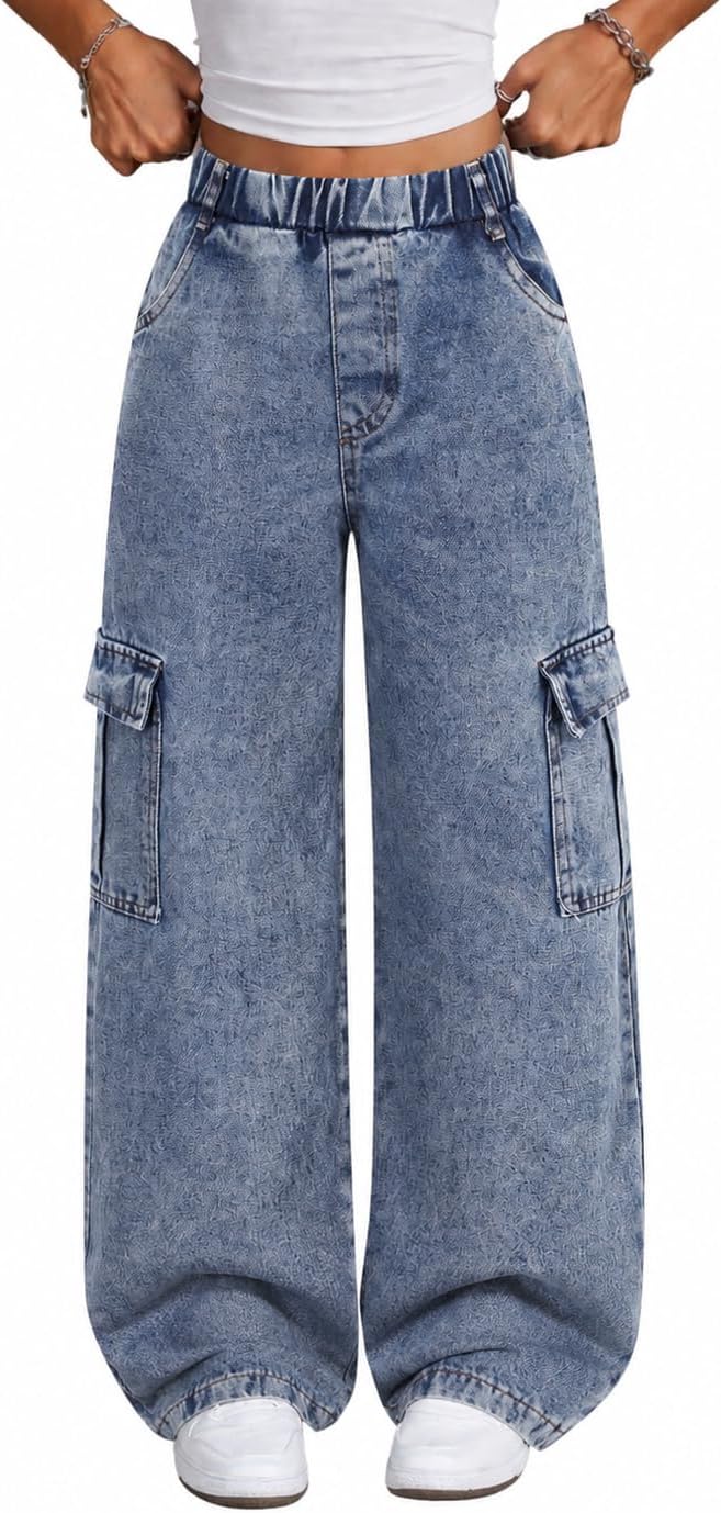 Azmxynol Girls Jeans Denim Cargo Pants Wide Leg Tween Girl High Waist Jean Pant, Size 9-16 Years