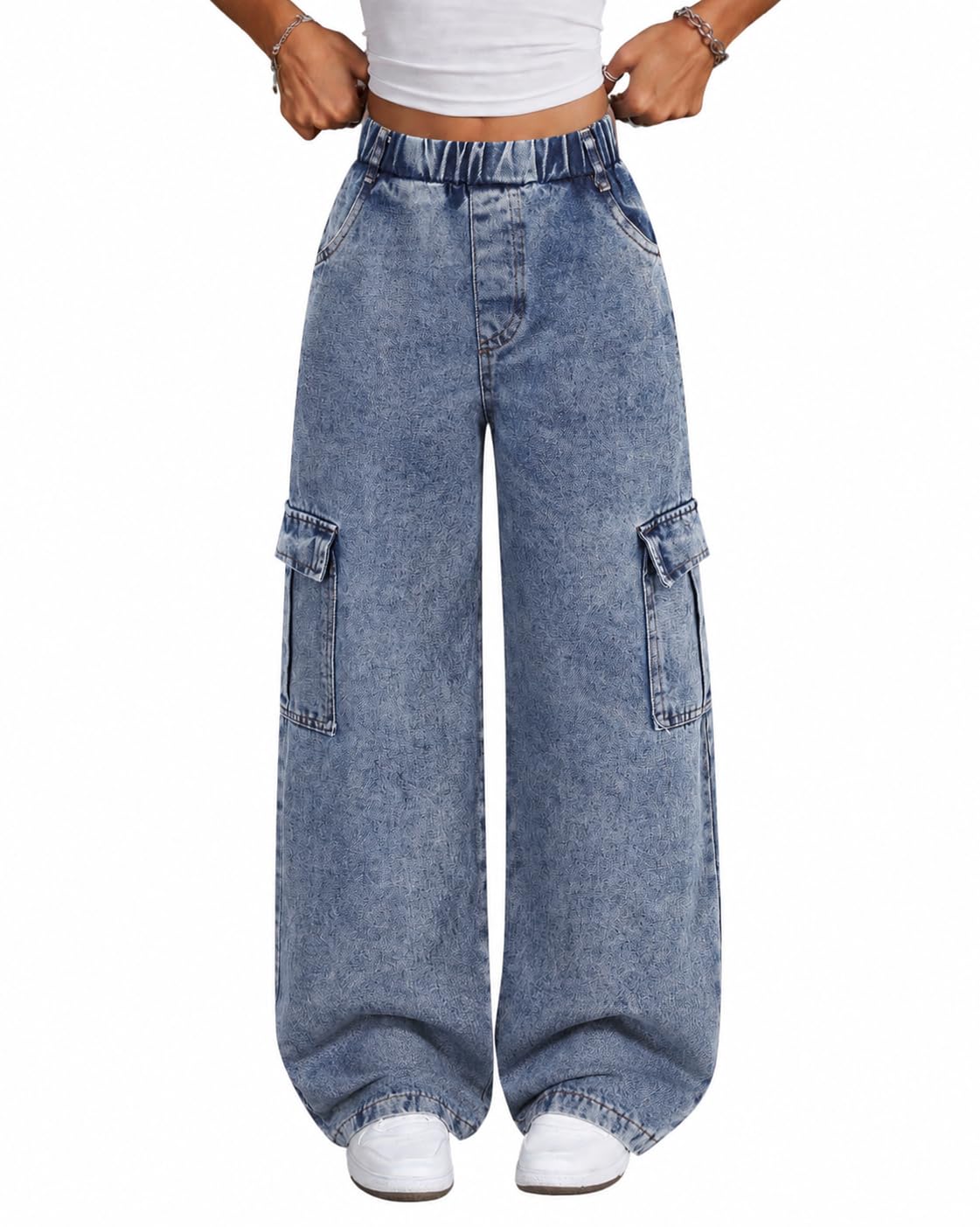Azmxynol Girls Jeans Denim Cargo Pants Wide Leg Tween Girl High Waist Jean Pant, Size 9-16 Years
