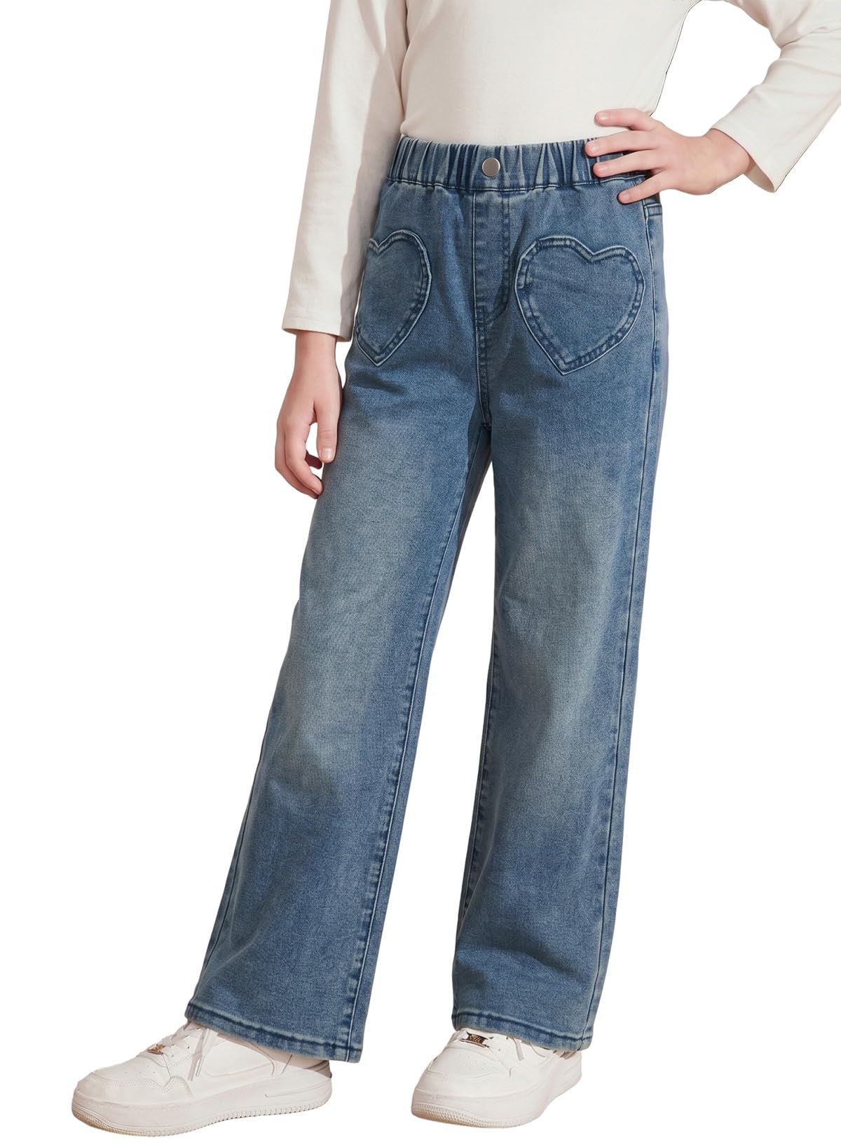 blibean Girls Straight Leg Jeans Cute Heart Pockets Denim Pants Size 6-15