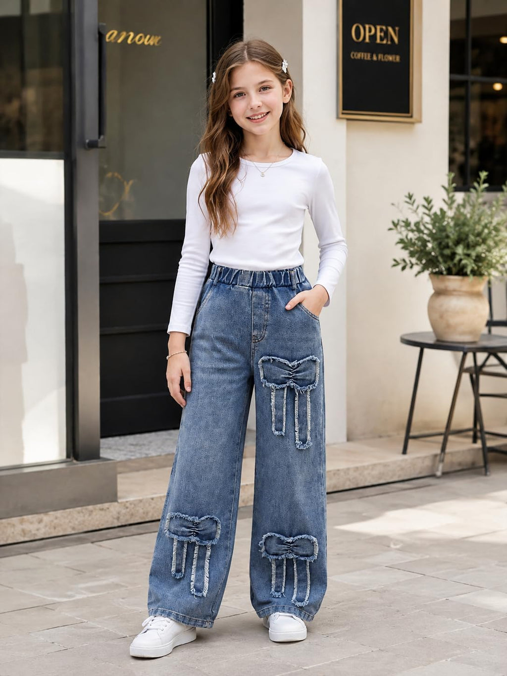 Tween Girls' Jeans Casual Elastic Waist Straight-Leg Denim Pants with Bowknot for Girls Y2K Boyfriend Skater Streetwear 7-14Y