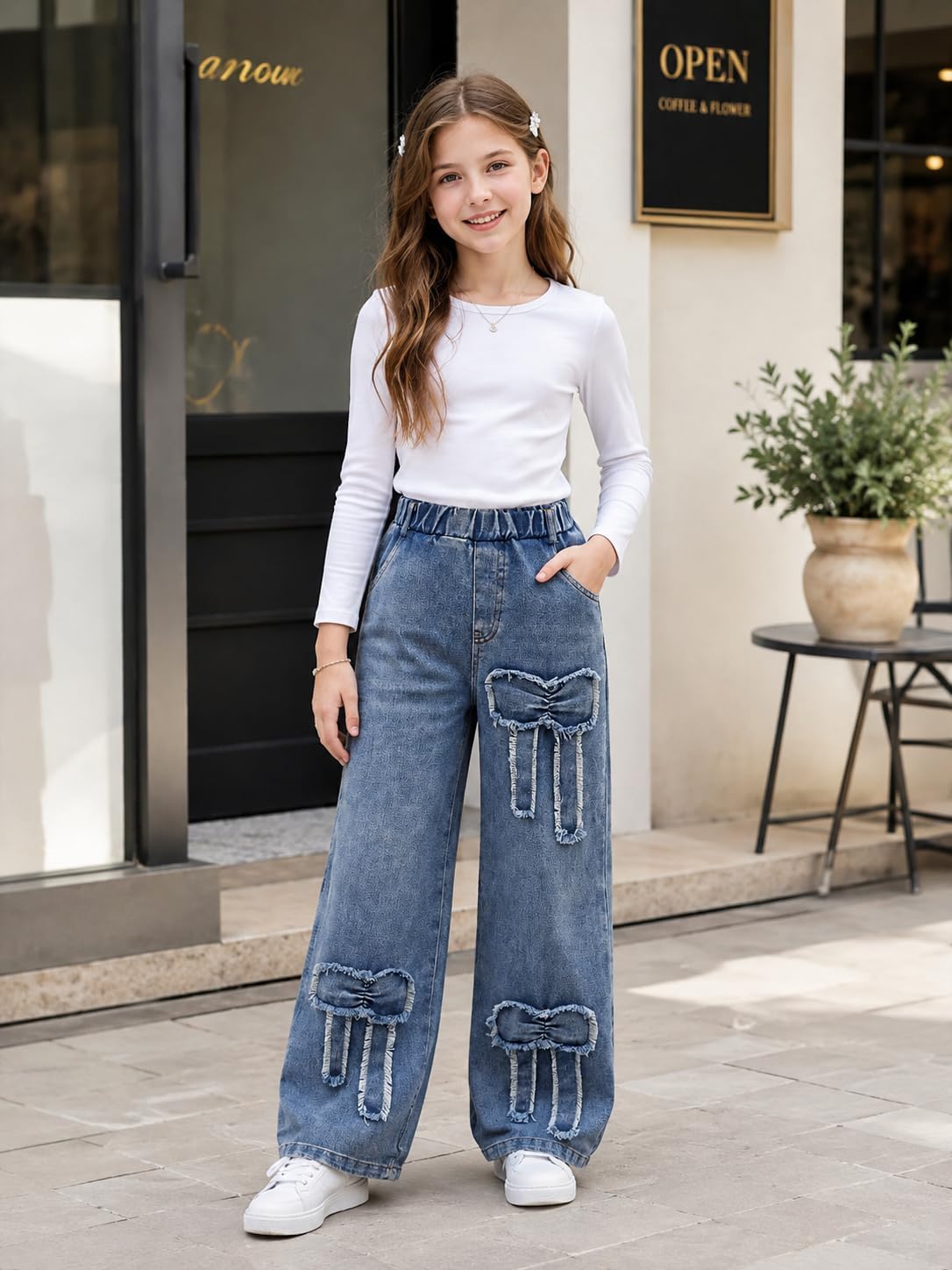 Tween Girls' Jeans Casual Elastic Waist Straight-Leg Denim Pants with Bowknot for Girls Y2K Boyfriend Skater Streetwear 7-14Y
