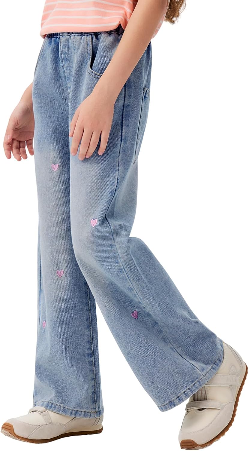 Girls Jeans Embroidery High Elastic Waist Denim Pants with Pockets Y2K Trendy Tween Streetwear 5-14 Years