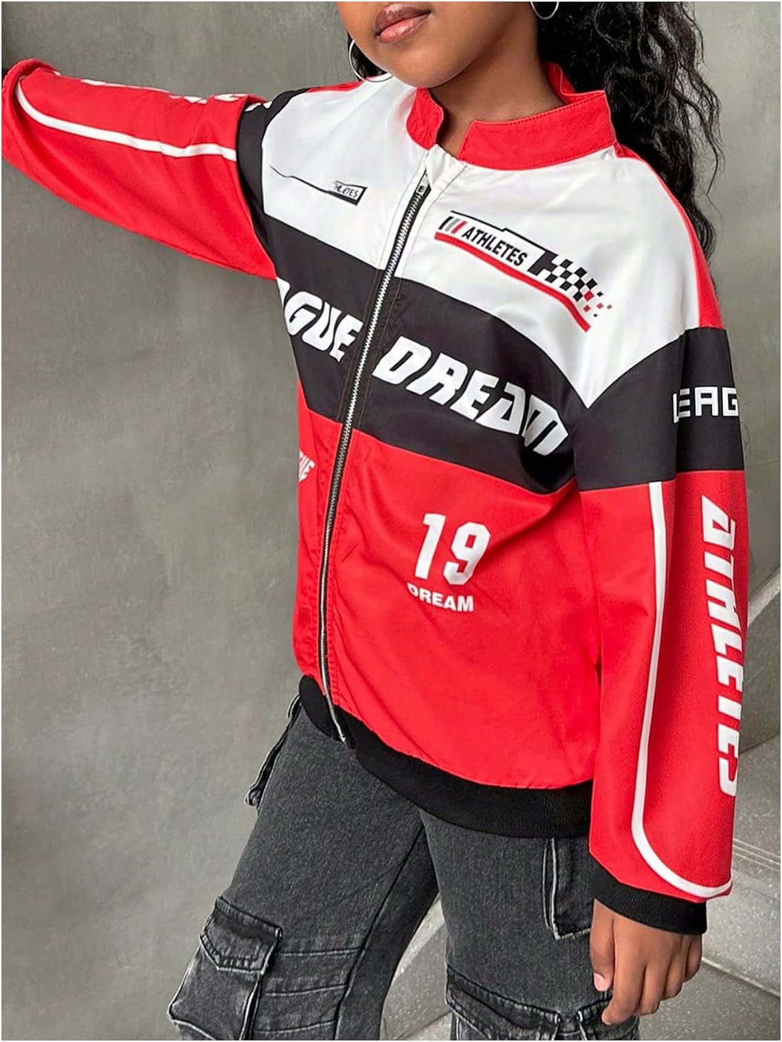 SOLY HUX Girl's Zip Up Bomber Jacket Y2k Racing Outerwear Streetwear