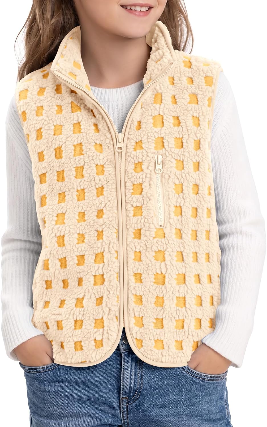 Haloumoning Girls Checkered Sherpa Vest Zip Up Sleeveless Jacket Outerwear
