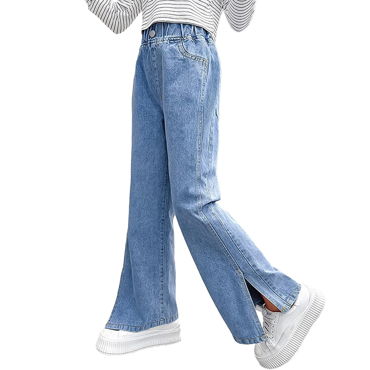 Rolanko Girls Jeans Denim Elastic Wasit Wide Leg Baggy Pants Kids Clothes 4-14 Years