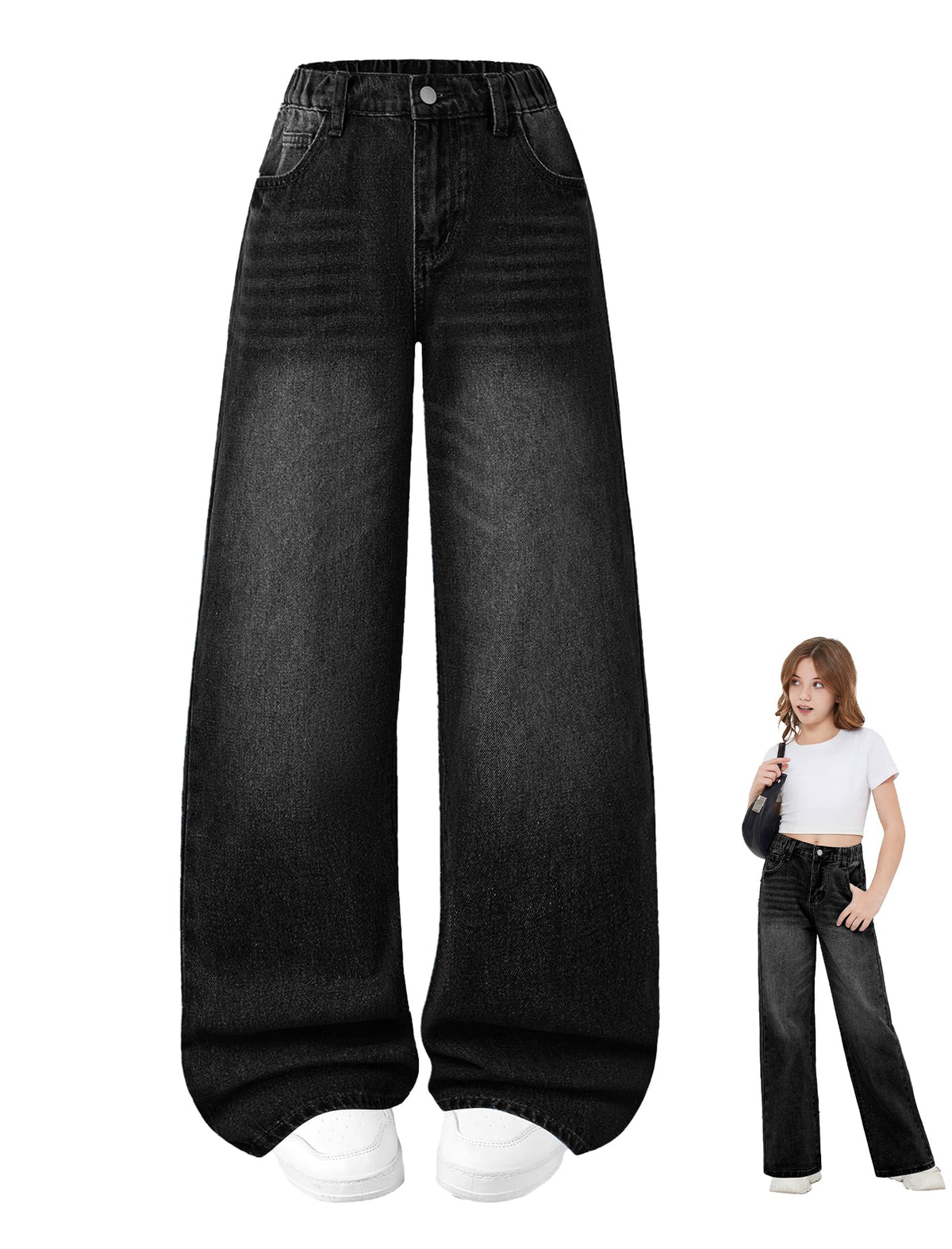 Girls Baggy Jeans Wide Leg Washed Denim Pants with Pockets 7-14Y
