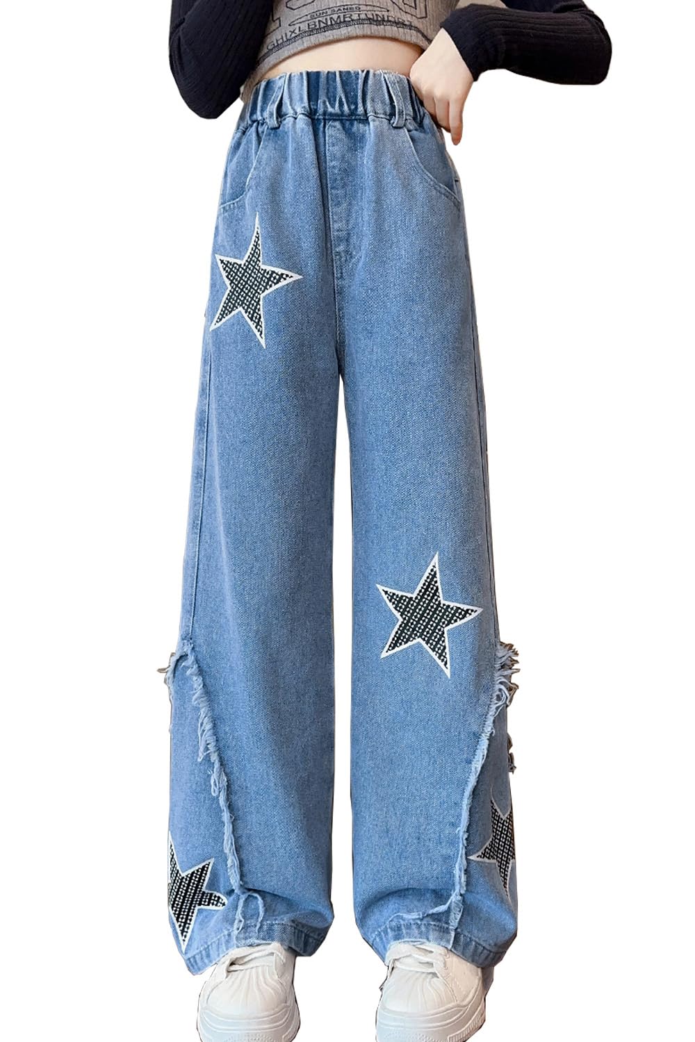 AOWKULAE Girls Baggy Jeans Wide Leg Cargo Denim Pants Kids 5-16Y